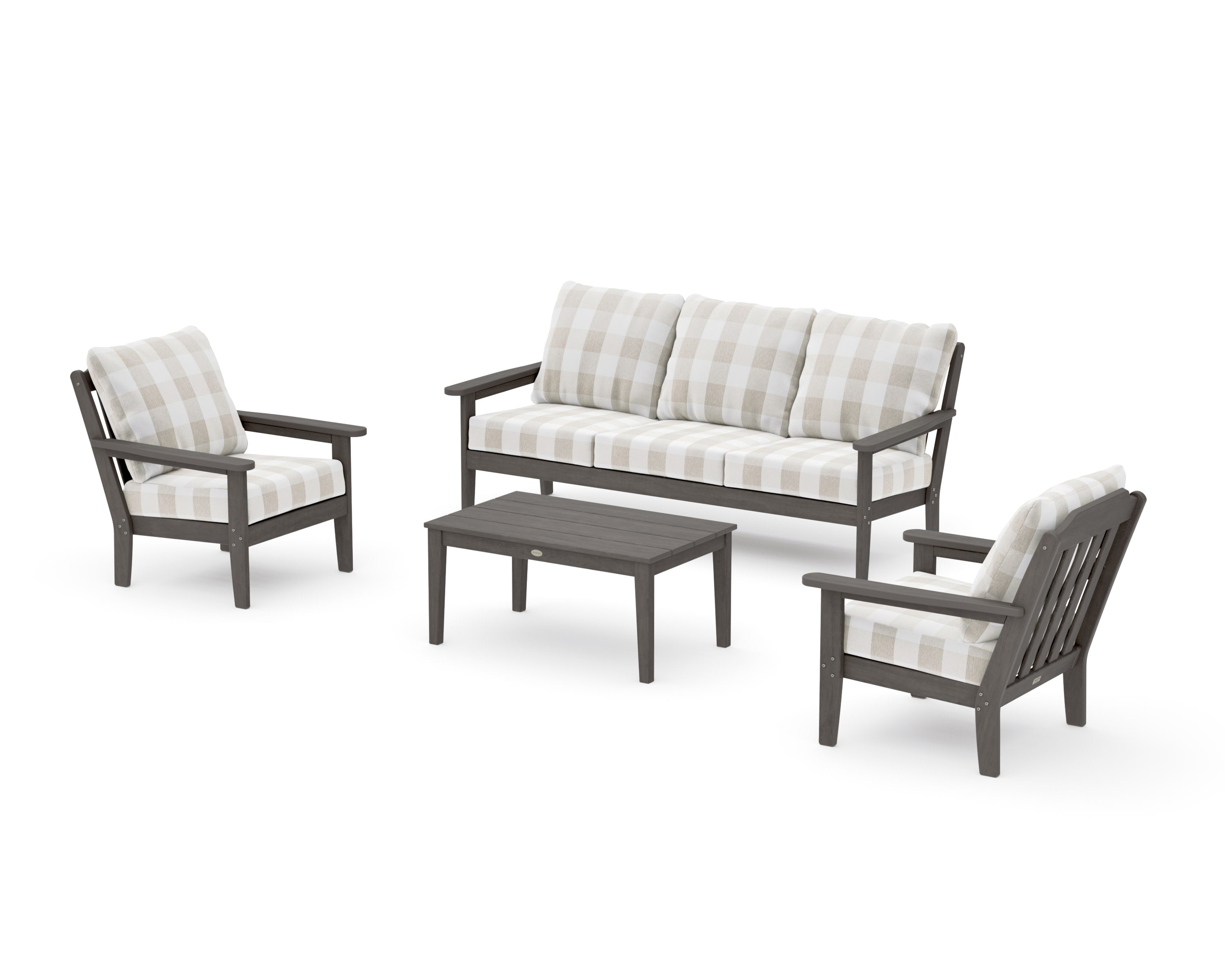 Cottage 4-Piece Deep Seating Set with Sofa in Driftwood / Buffalo Plaid Dune Burlap