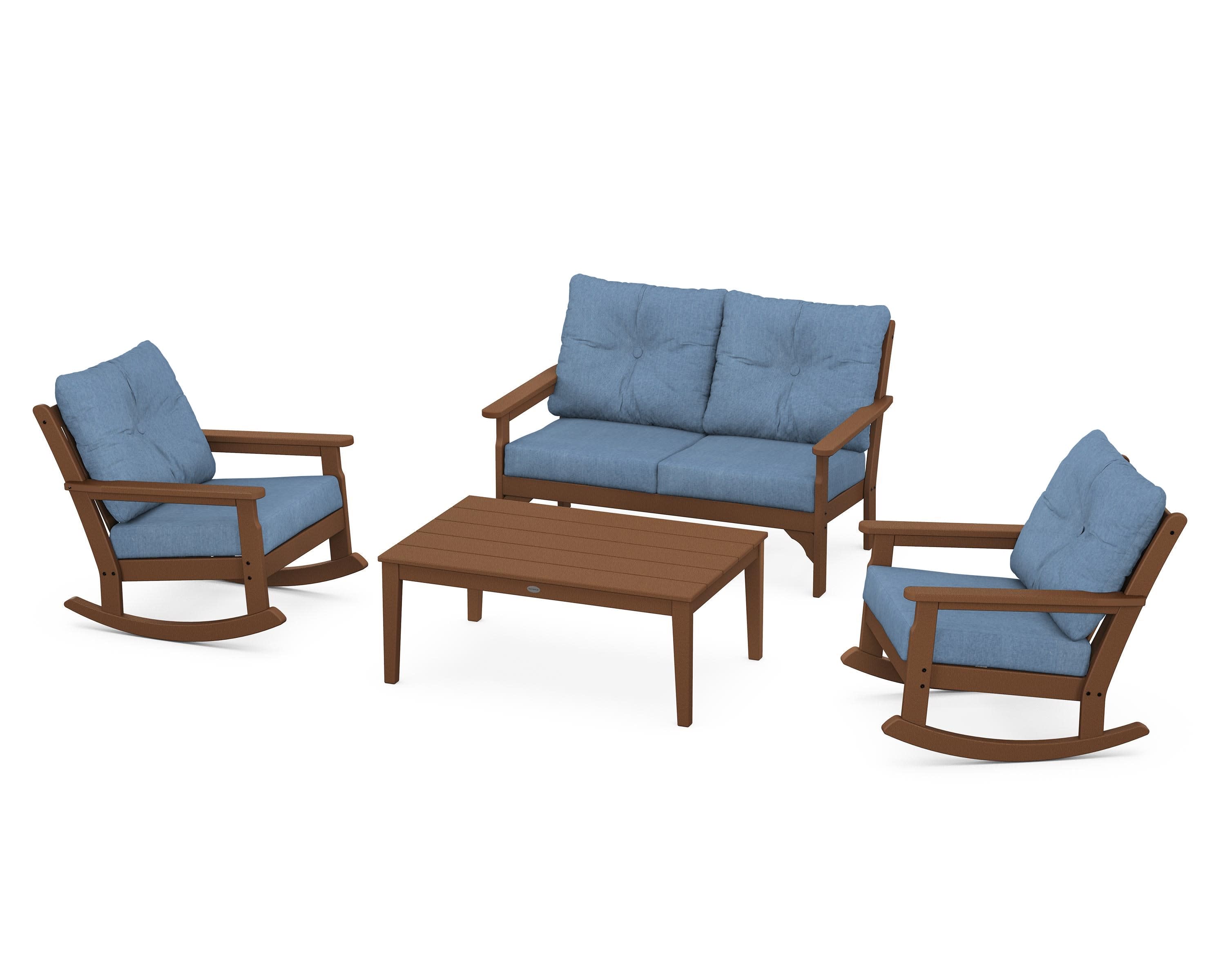 Vineyard 4-Piece Deep Seating Rocking Chair Set in Teak / Sky Blue