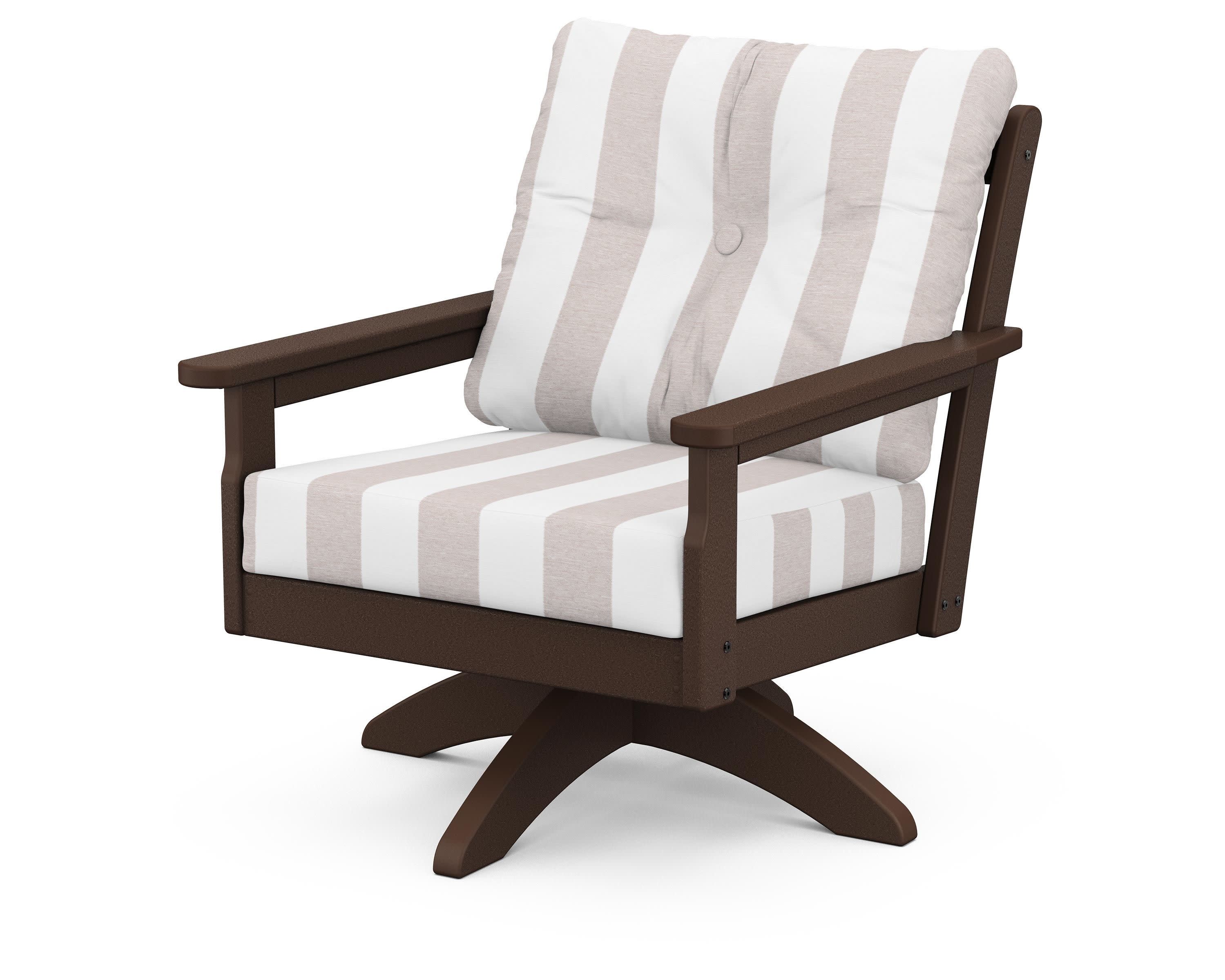 Vineyard Deep Seating Swivel Chair in Mahogany / Cabana Stripe Dune Burlap