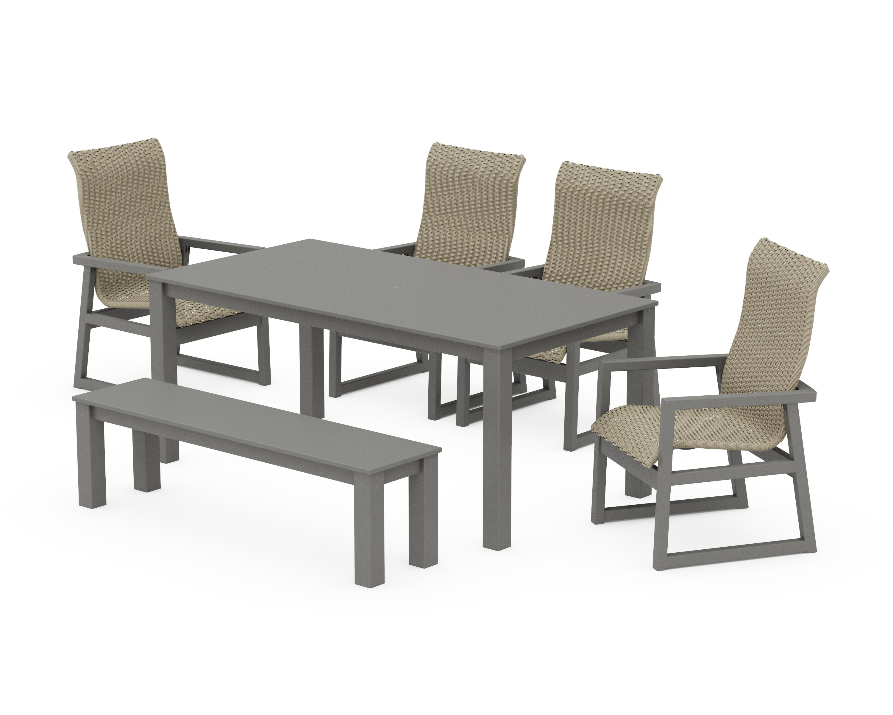 EDGE Woven Highback 6-Piece Parsons Dining Set with Bench in Slate Grey / Dune Grass
