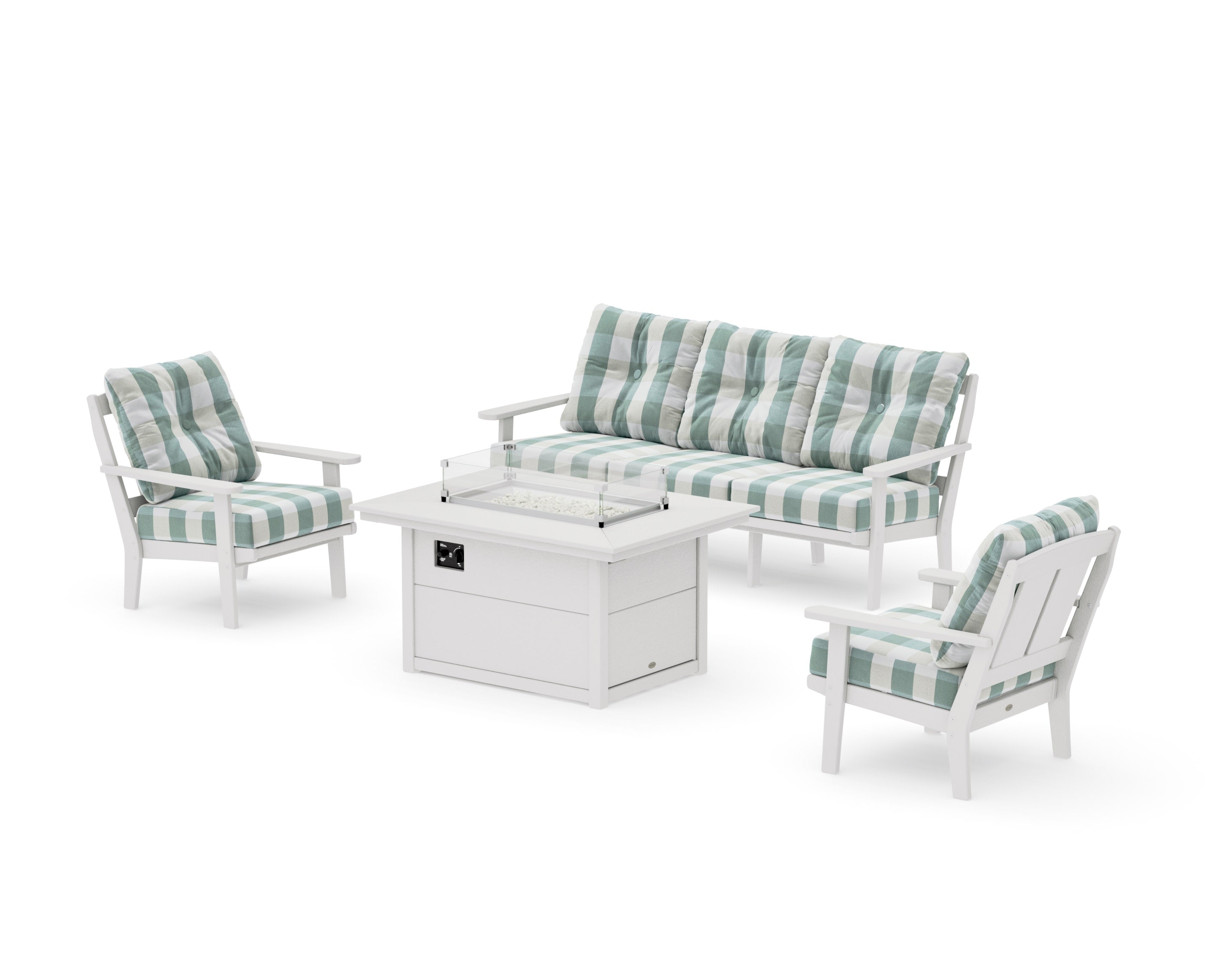 Mission Deep Seating Fire Pit Table Set in Vintage White / Buffalo Plaid Glacier Spa
