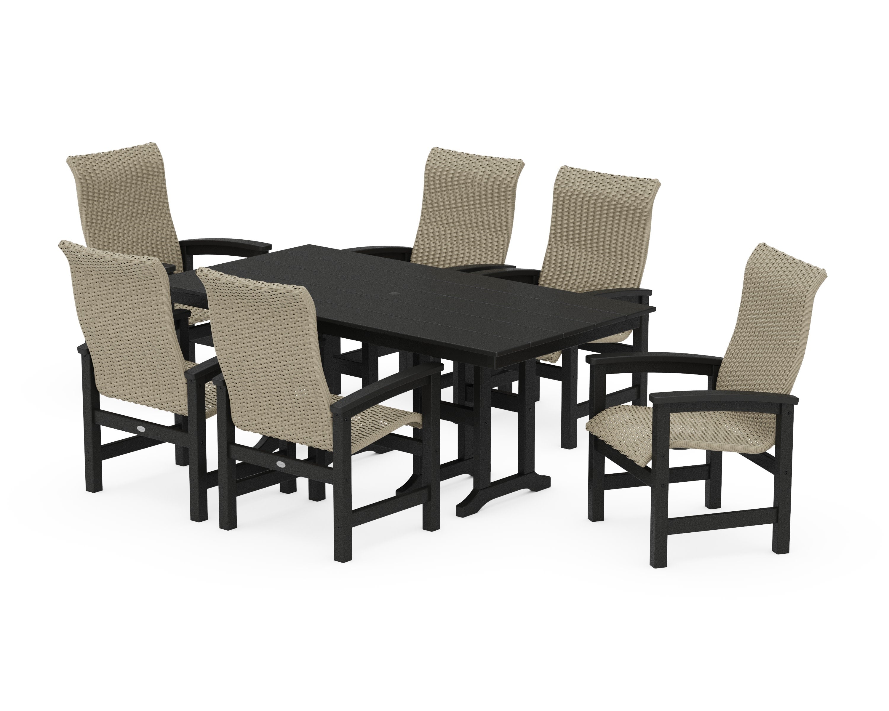 Coastal Woven High-Back Arm Chair 7-Piece Farmhouse Dining Set in Black / Dune Grass