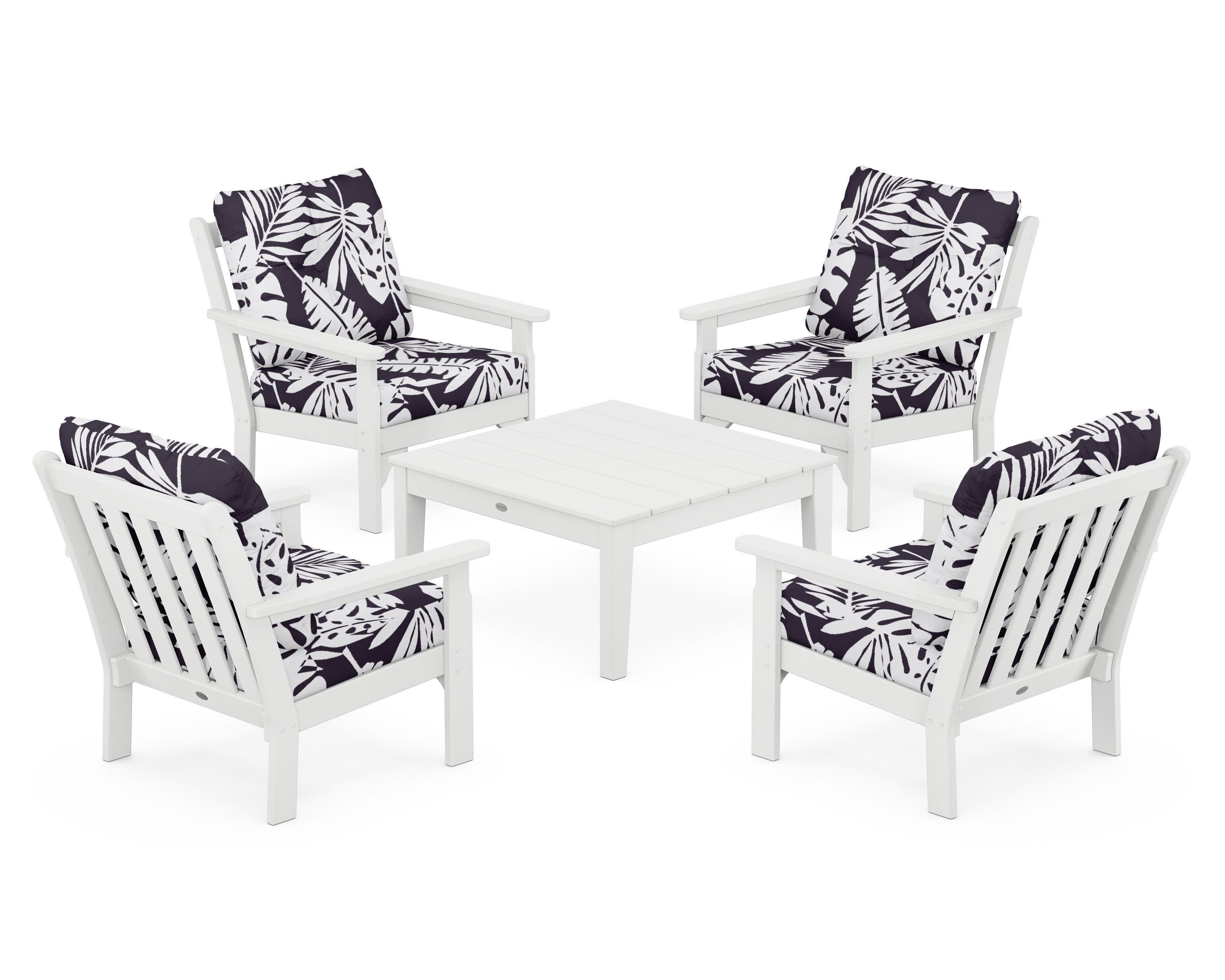 Vineyard 5-Piece Deep Seating Conversation Set in White / Leaf Navy