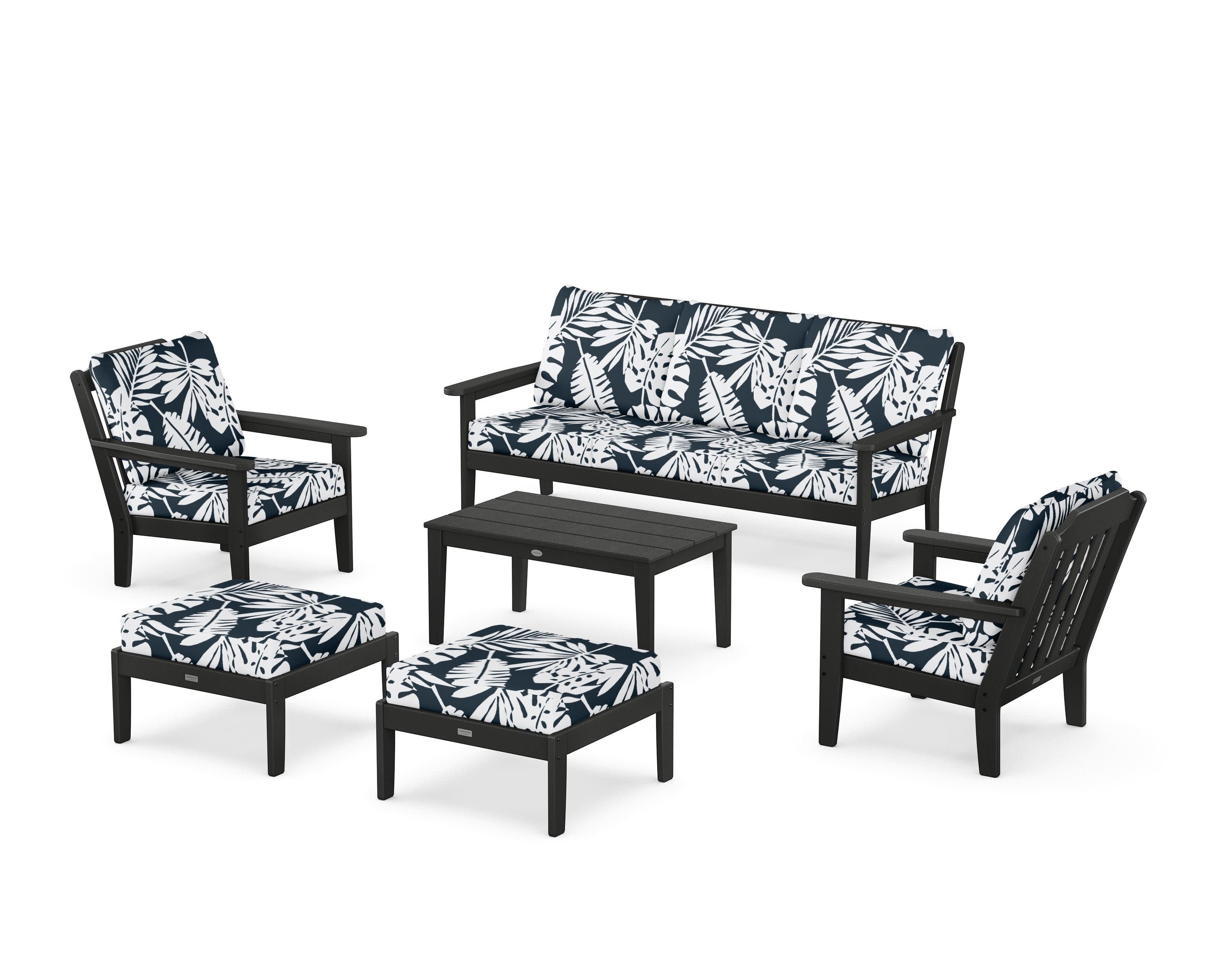 Cottage 6-Piece Lounge Sofa Set in Black / Leaf Marine Indigo
