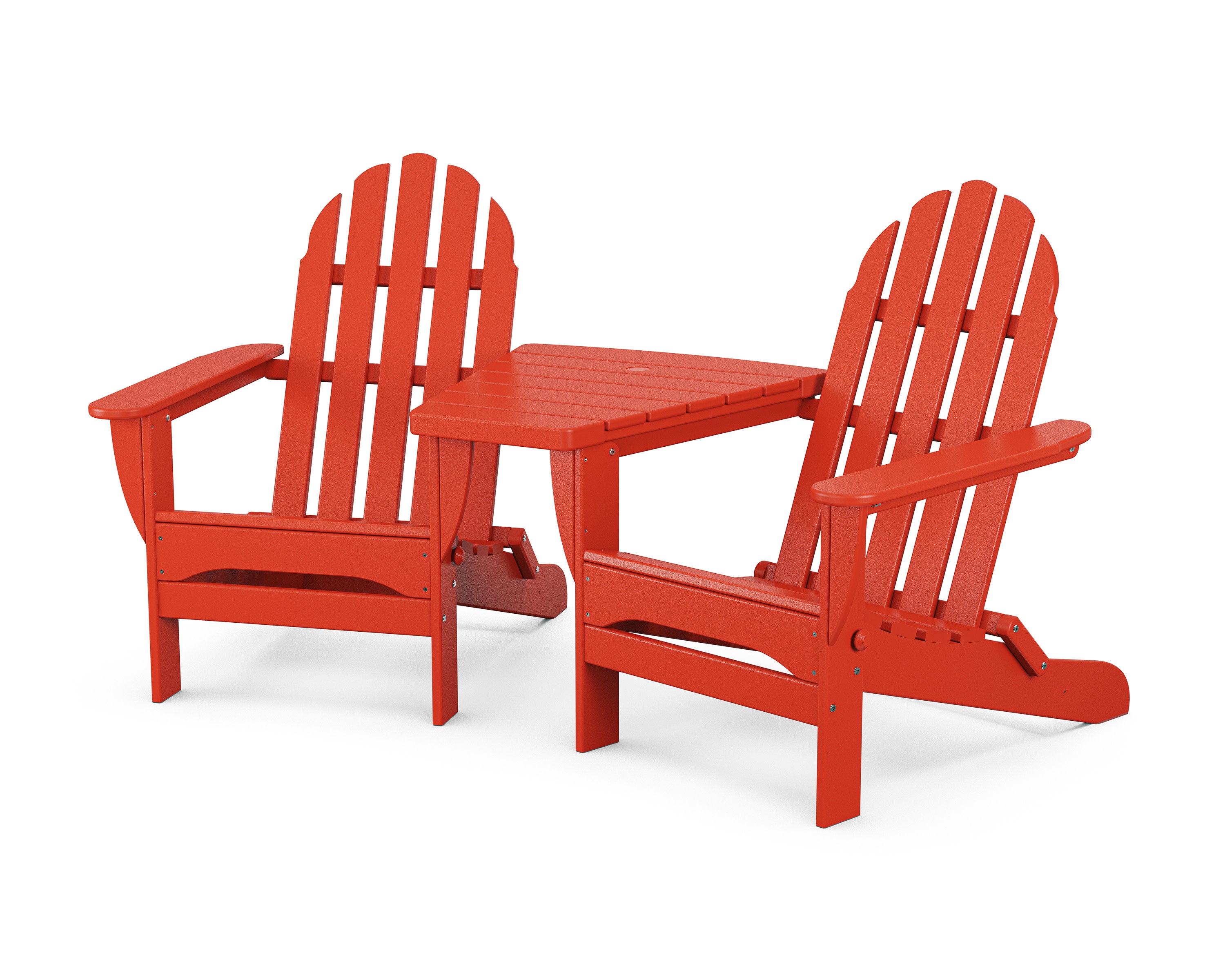 Classic Folding Adirondacks with Angled Connecting Table in Sunset Red