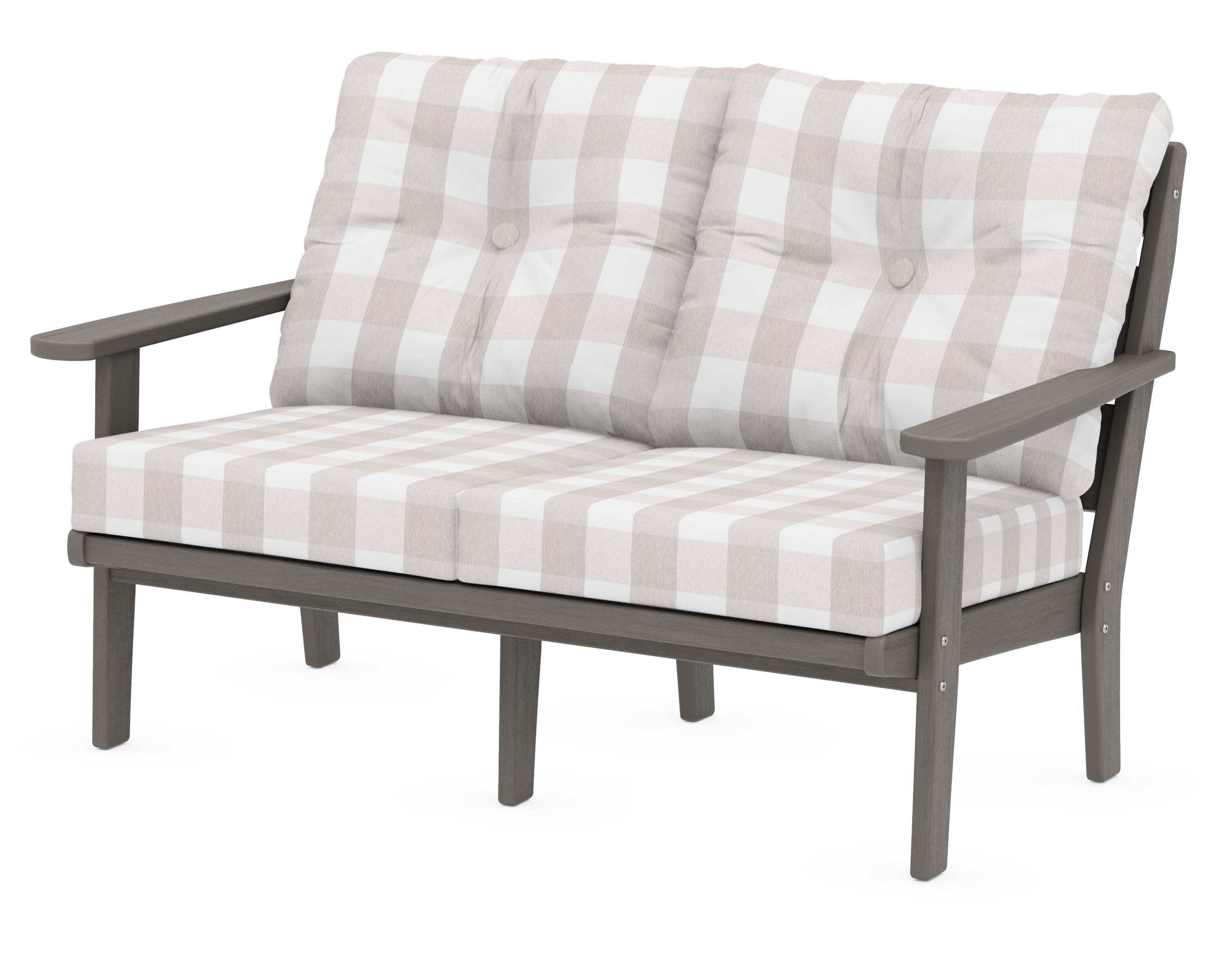 Lakeside Deep Seating Loveseat in Driftwood / Buffalo Plaid Dune Burlap