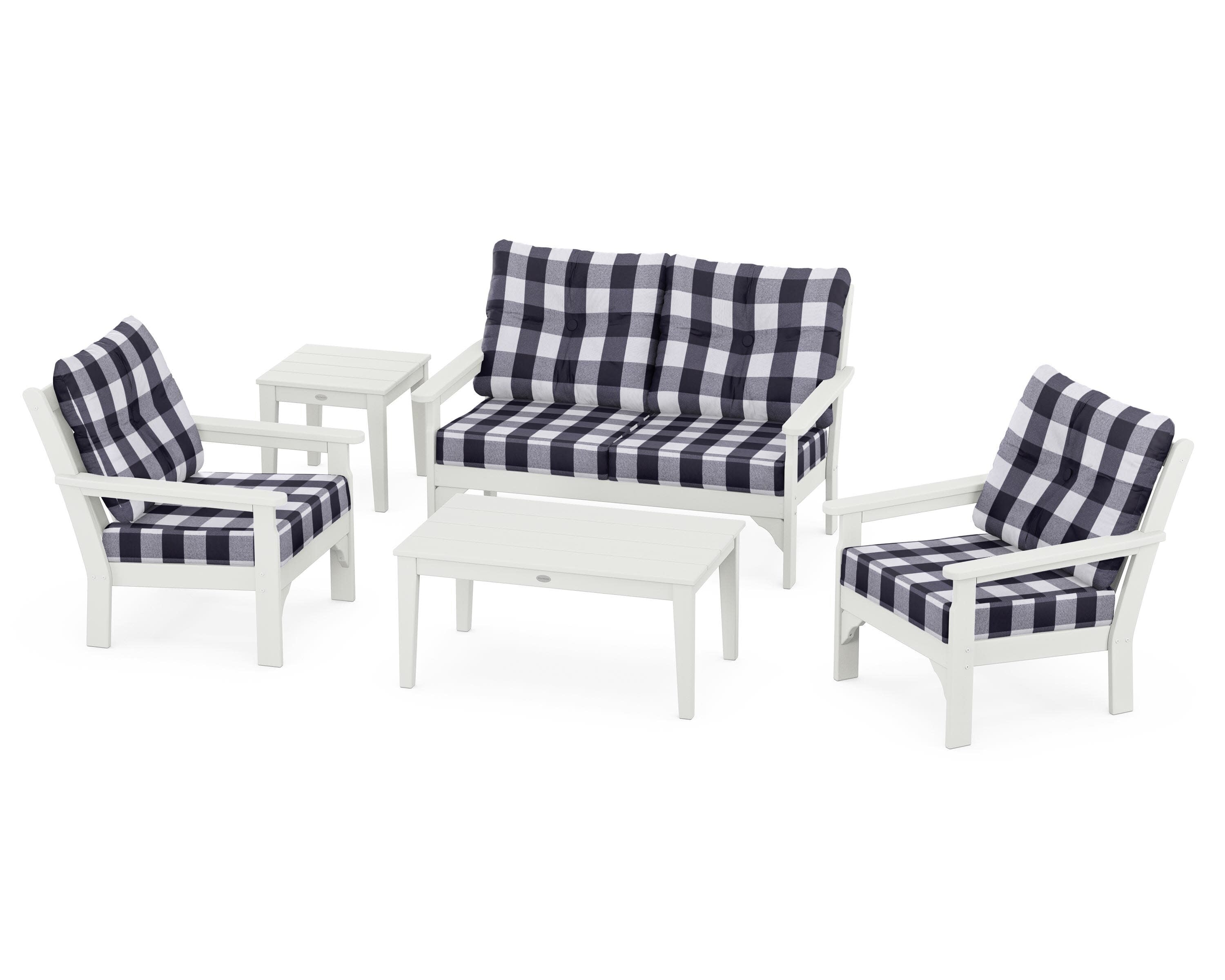 Vineyard 5-Piece Deep Seating Set in Vintage White / Buffalo Plaid Navy