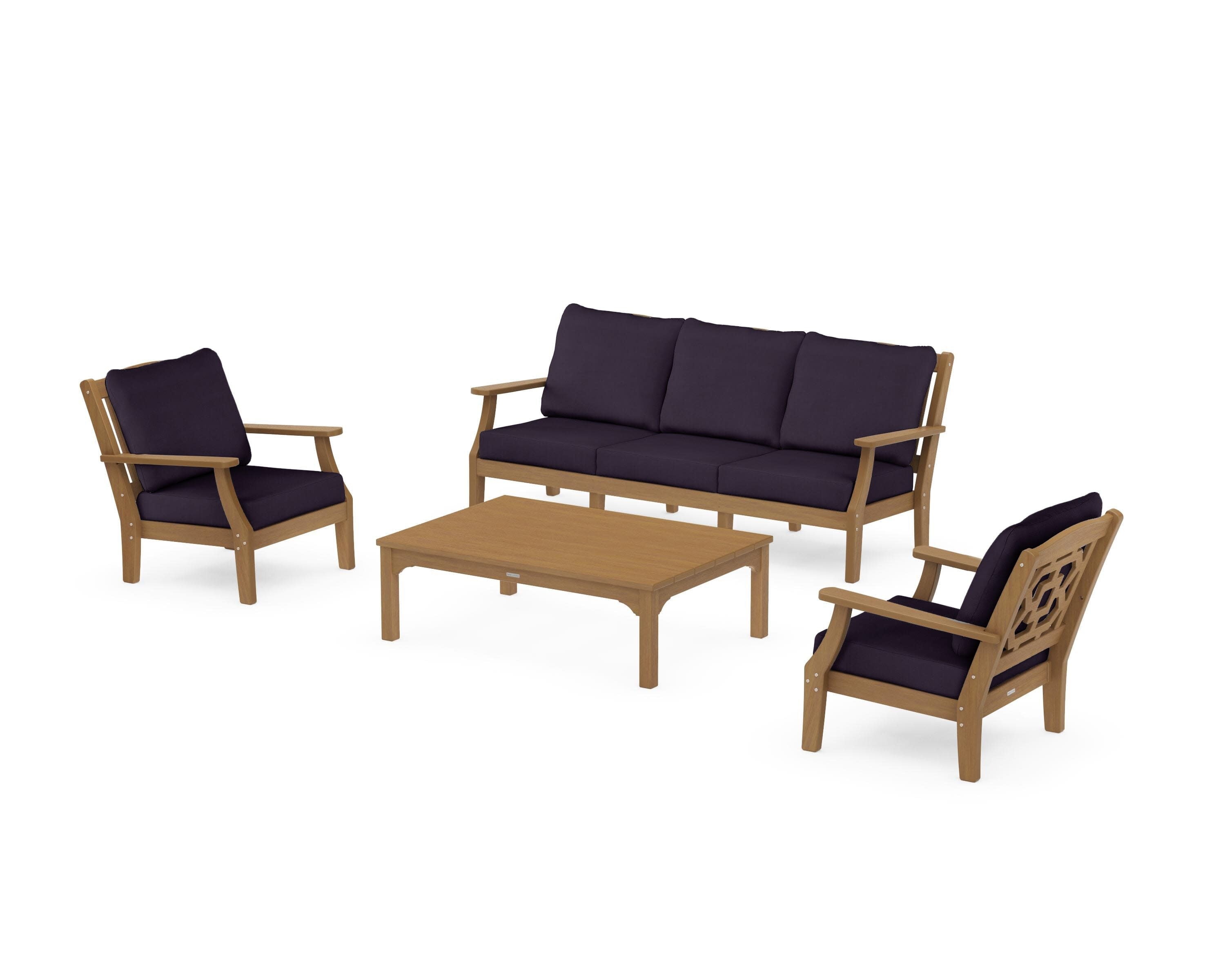 Chinoiserie 4-Piece Deep Seating Set with Sofa in Natural / Navy Linen