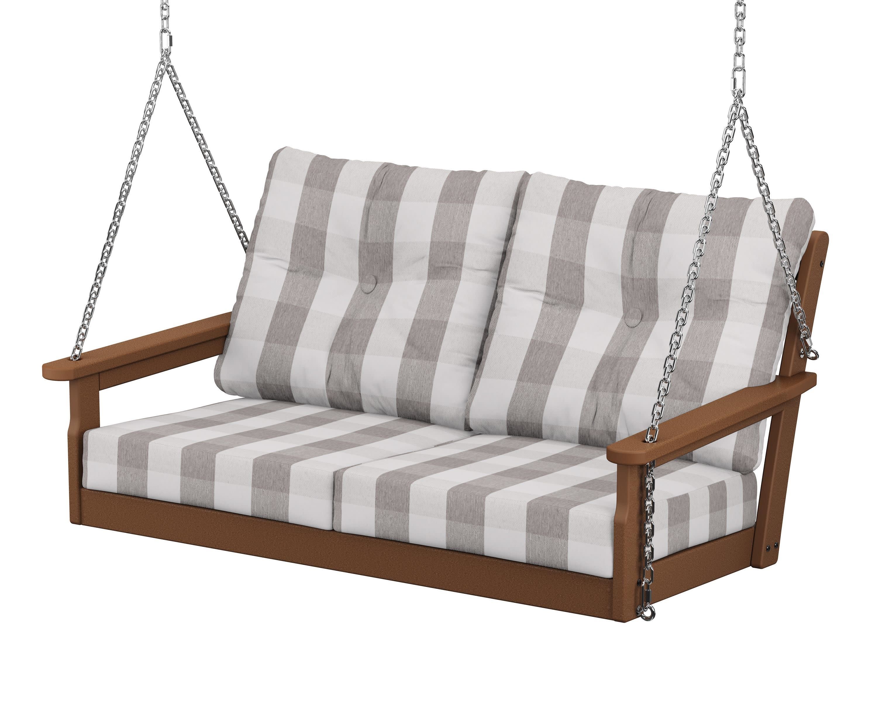 Vineyard Deep Seating Swing in Teak / Buffalo Plaid Grey Mist