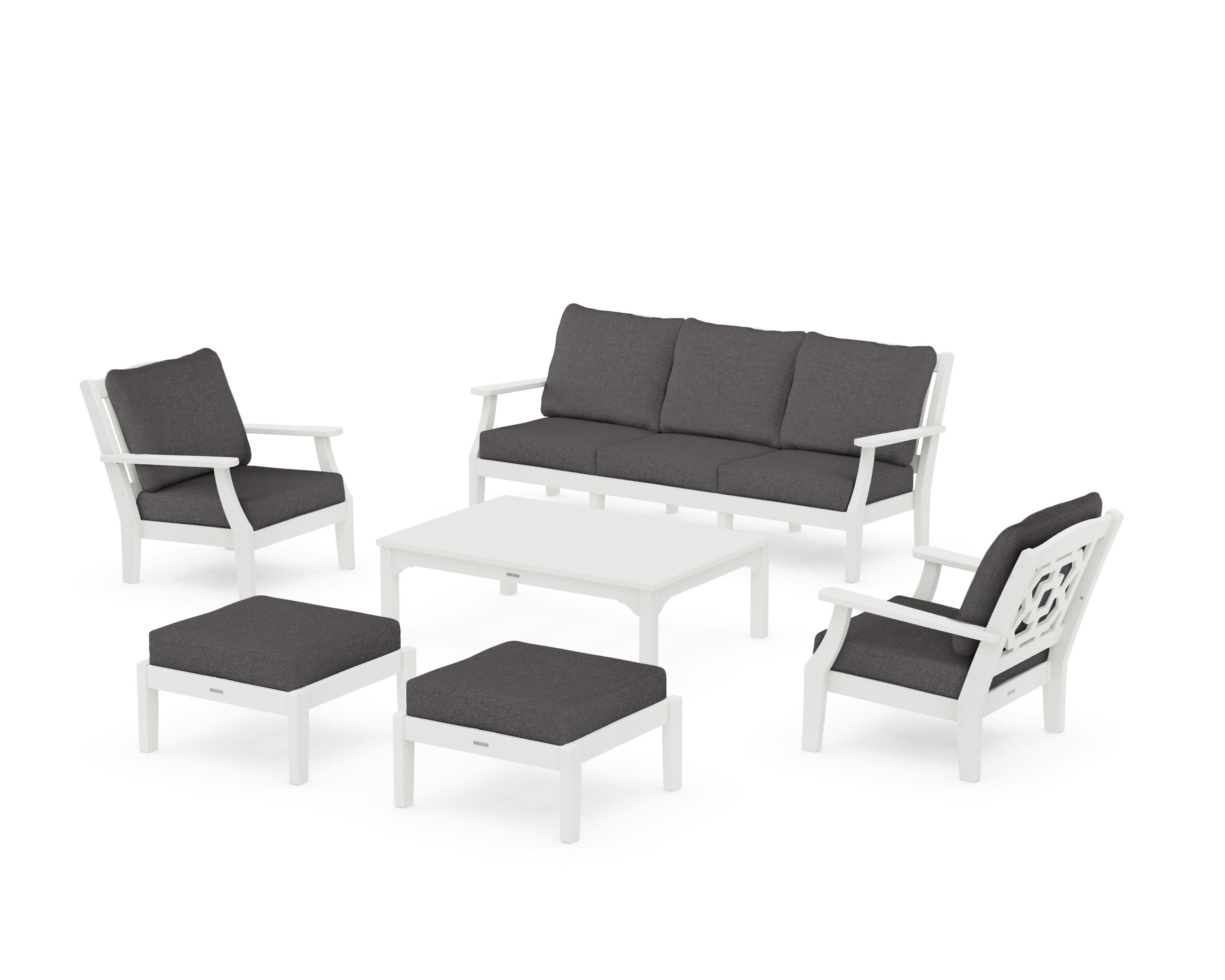 Chinoiserie 6-Piece Lounge Sofa Set in Vintage White / Ash Charcoal