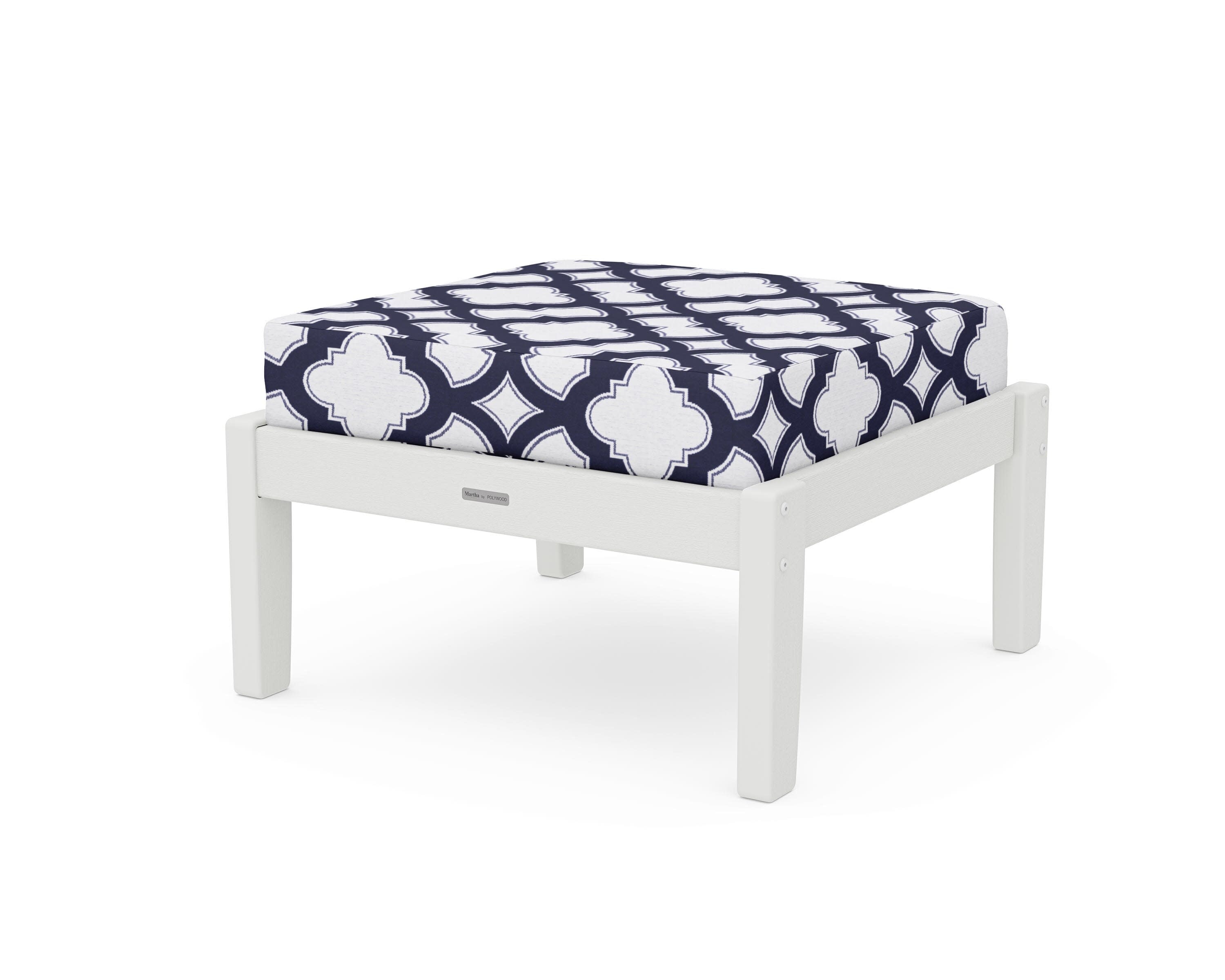 Chinoiserie Deep Seating Ottoman in Vintage White / Trellis Navy