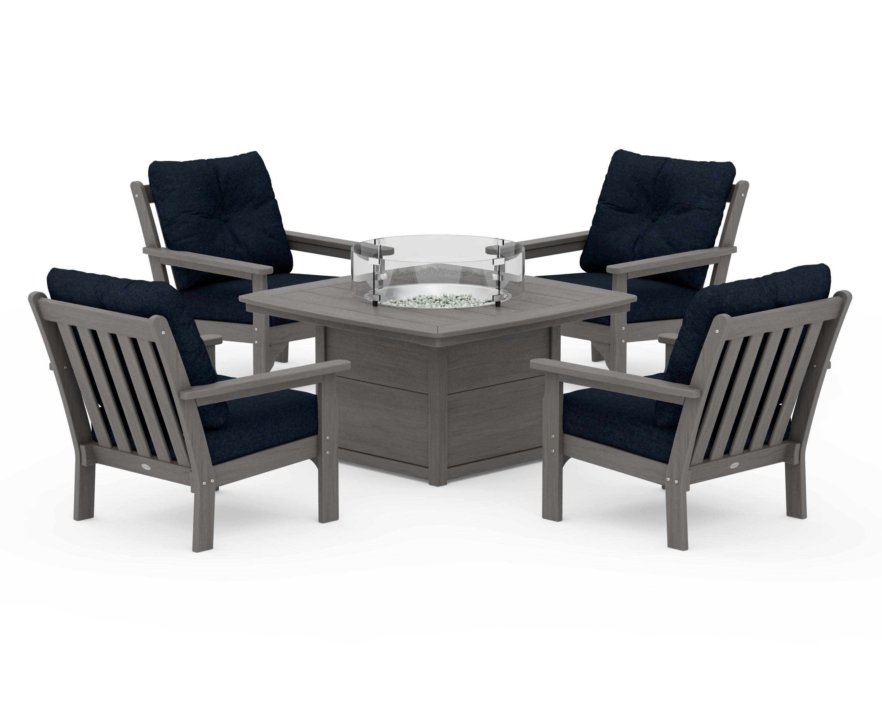 Vineyard 5-Piece Conversation Set with Fire Pit Table in Driftwood / Marine Indigo