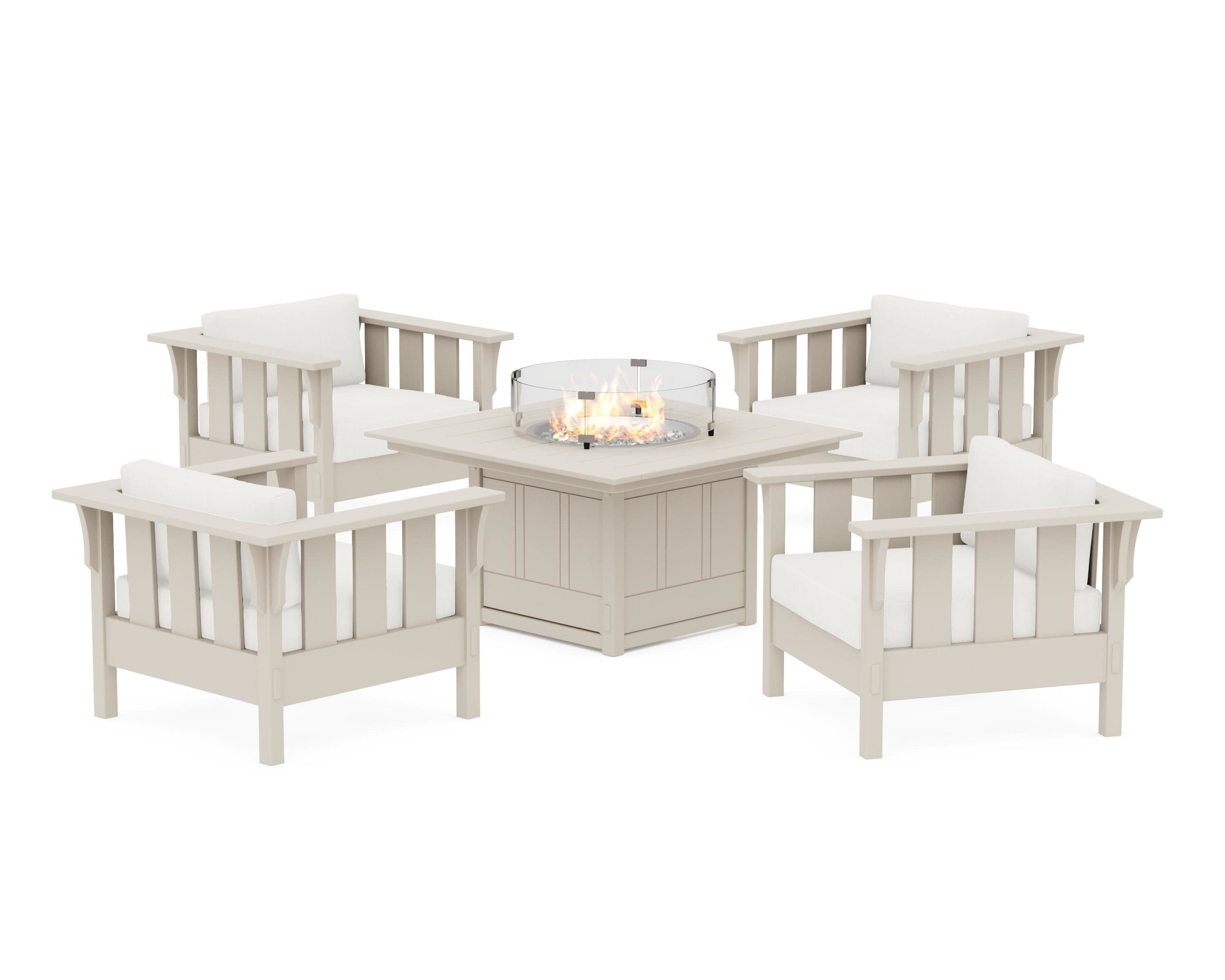 Acadia 5-Piece Deep Seating Set with Fire Pit Table in Sand / Natural Linen