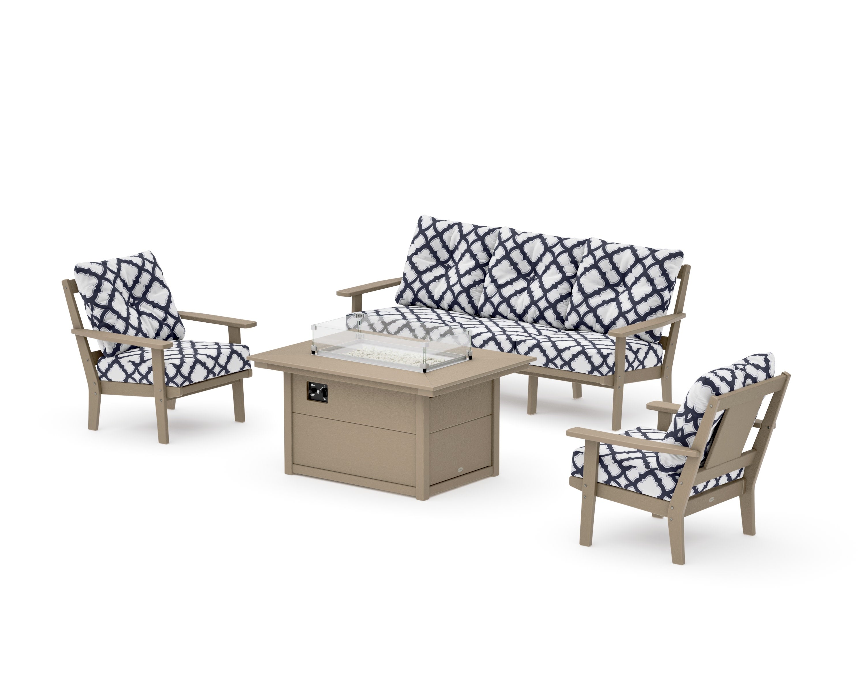 Prairie Deep Seating Fire Pit Table Set in Vintage Sahara / Trellis Navy