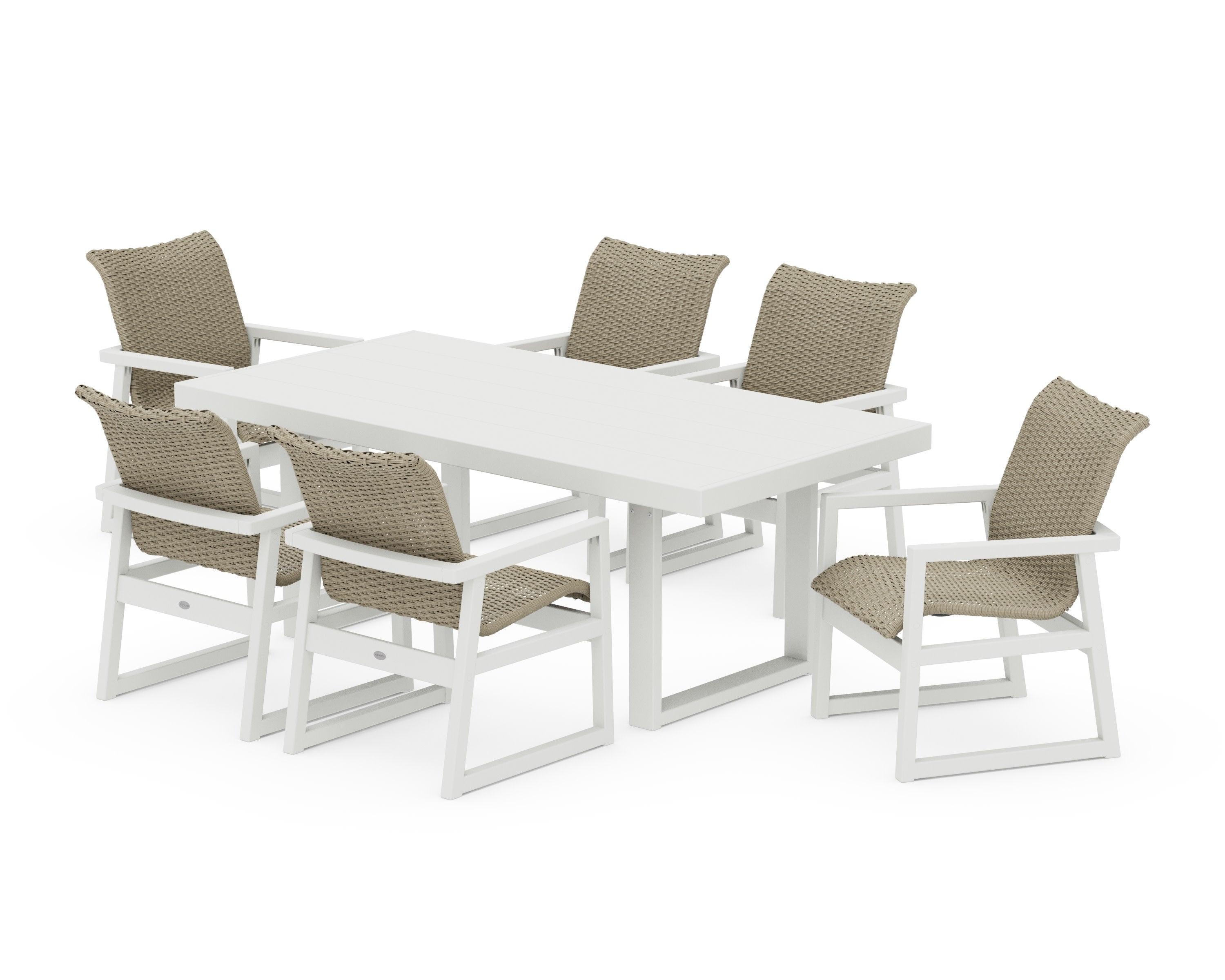 EDGE Woven Arm Chair 7-Piece Dining Set in White / Dune Grass