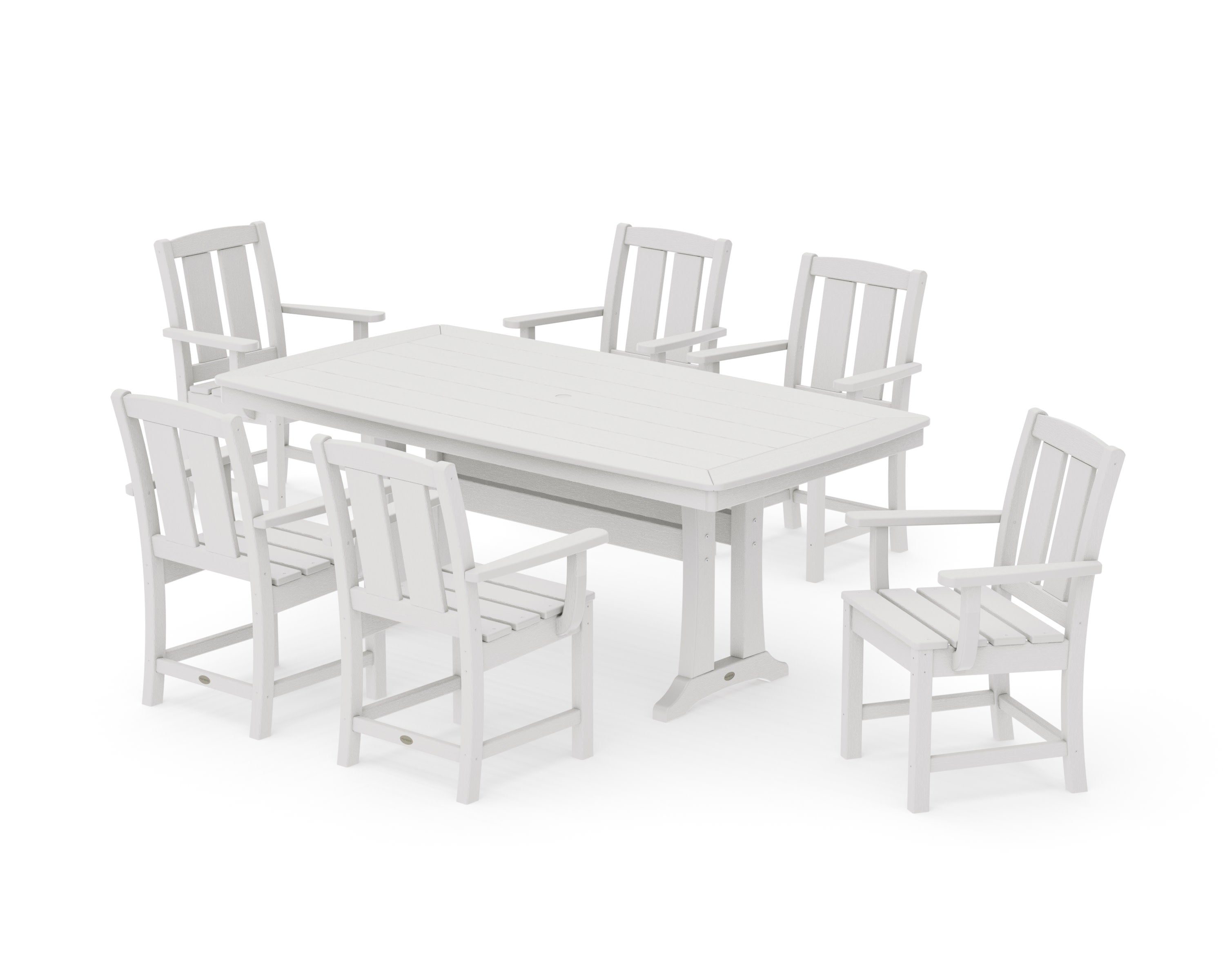 Mission Arm Chair 7-Piece Dining Set with Trestle Legs in Vintage White