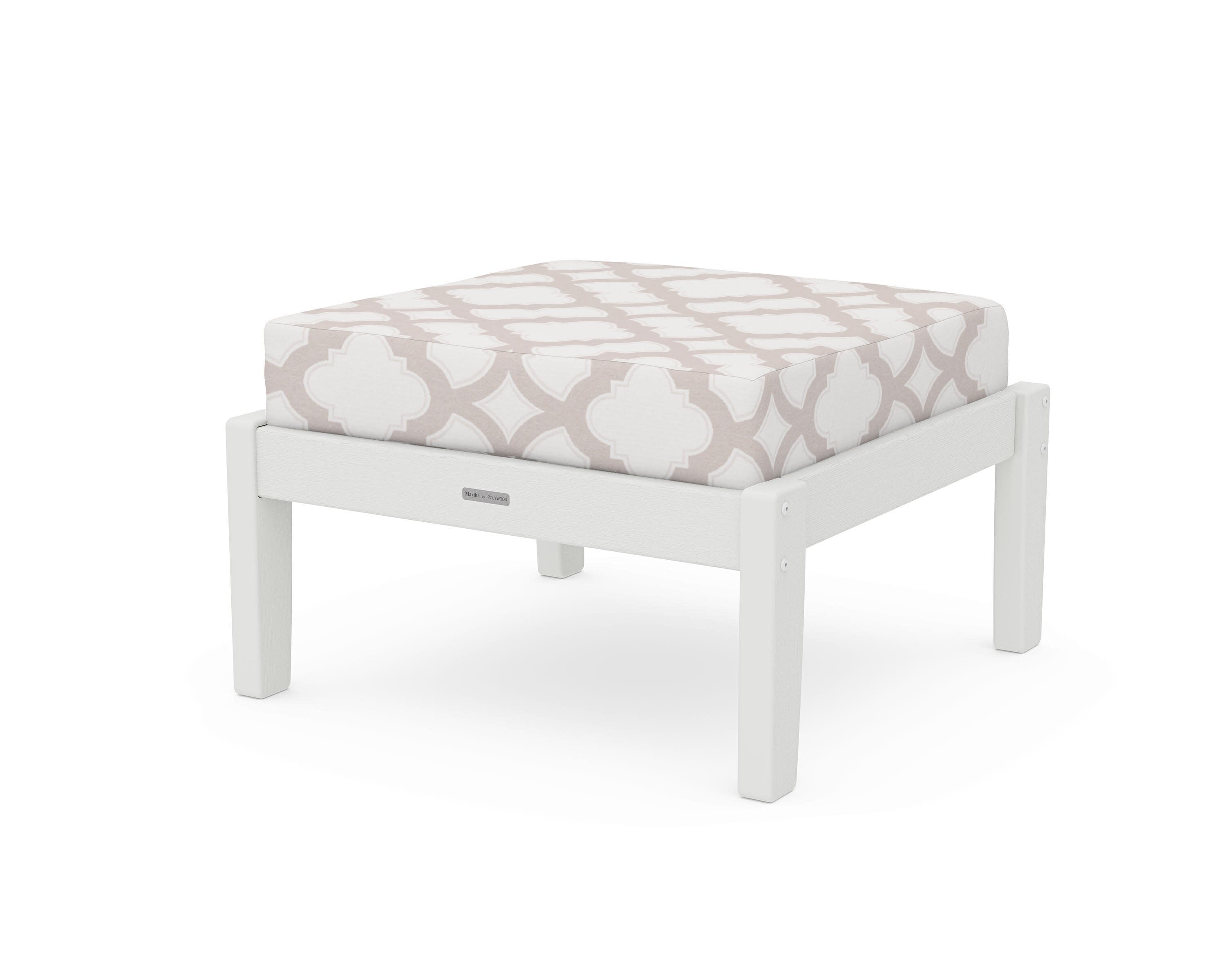 Chinoiserie Deep Seating Ottoman in Vintage White / Trellis Dune Burlap
