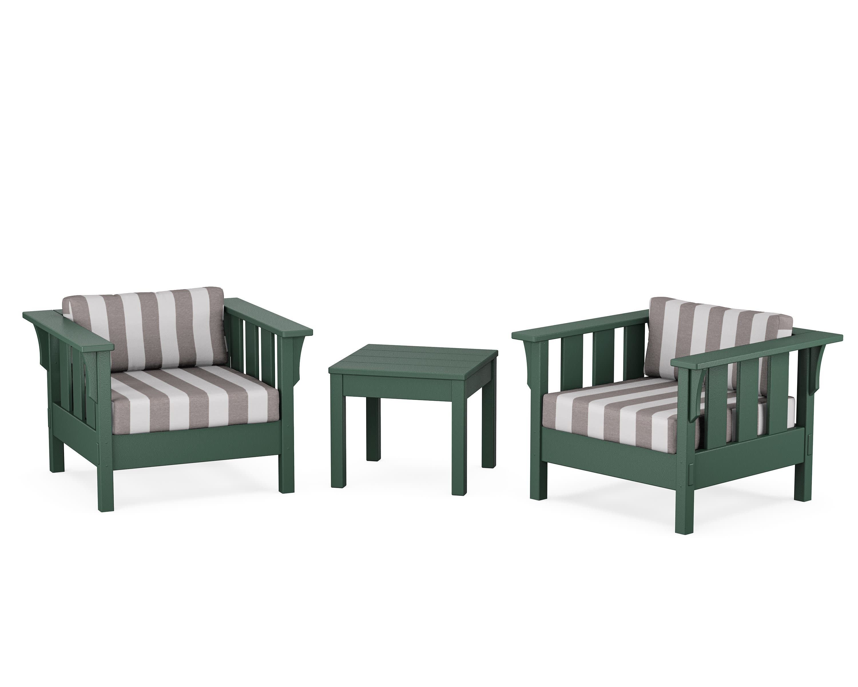 Acadia 3-Piece Deep Seating Set in Green / Cabana Stripe Grey Mist