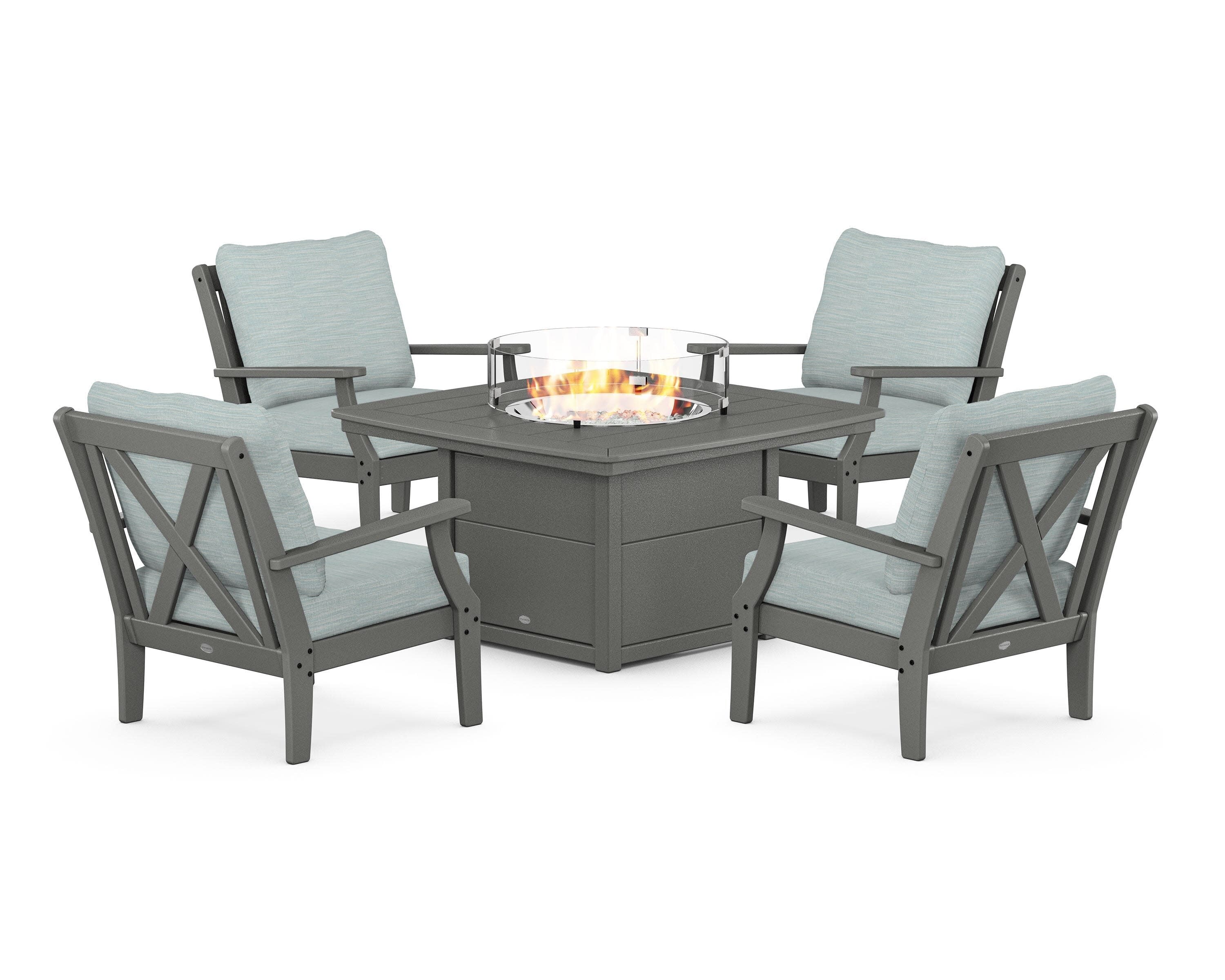 Braxton 5-Piece Deep Seating Conversation Set with Fire Pit Table in Slate Grey / Soothe Mist