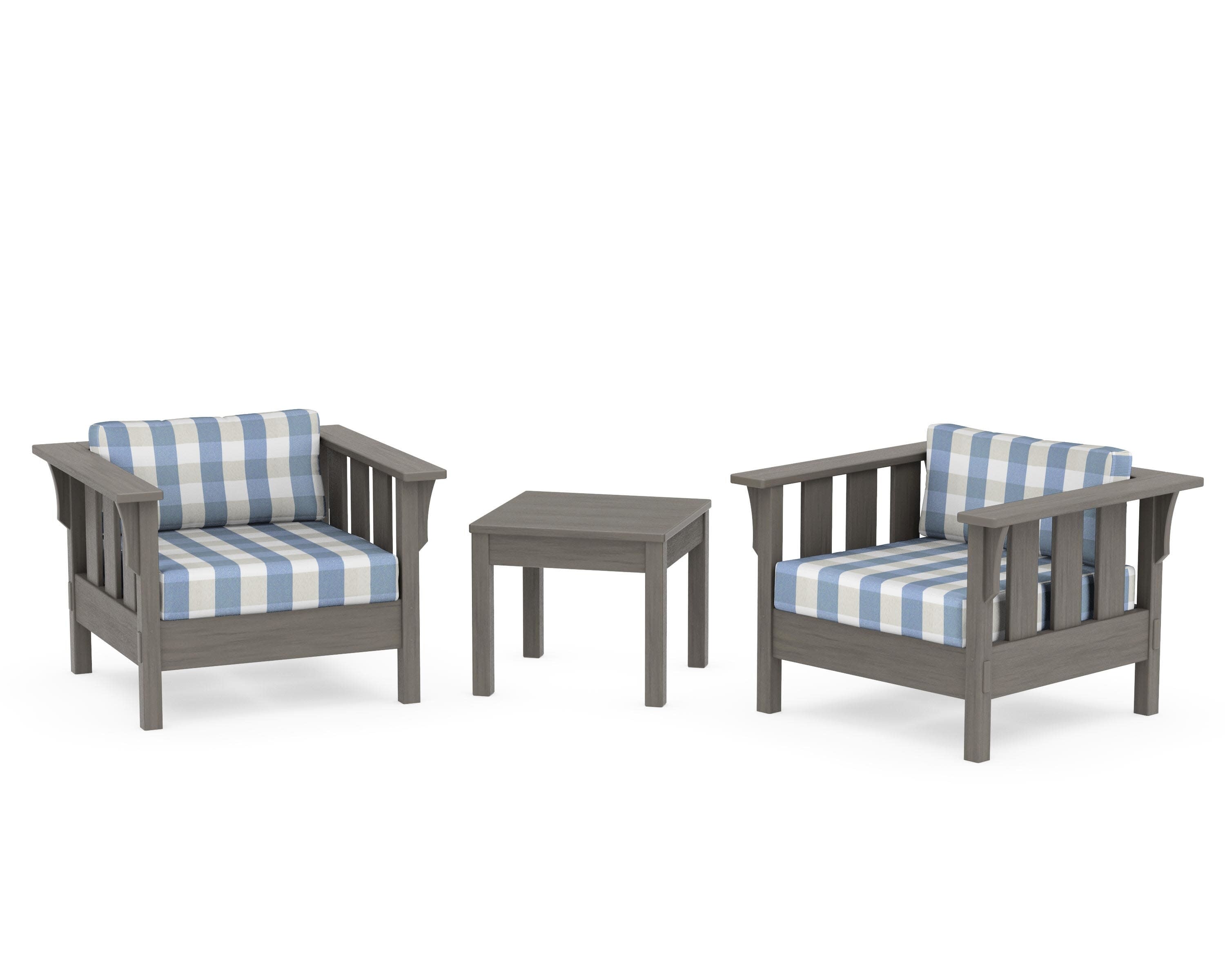 Acadia 3-Piece Deep Seating Set in Driftwood / Buffalo Plaid Sky Blue