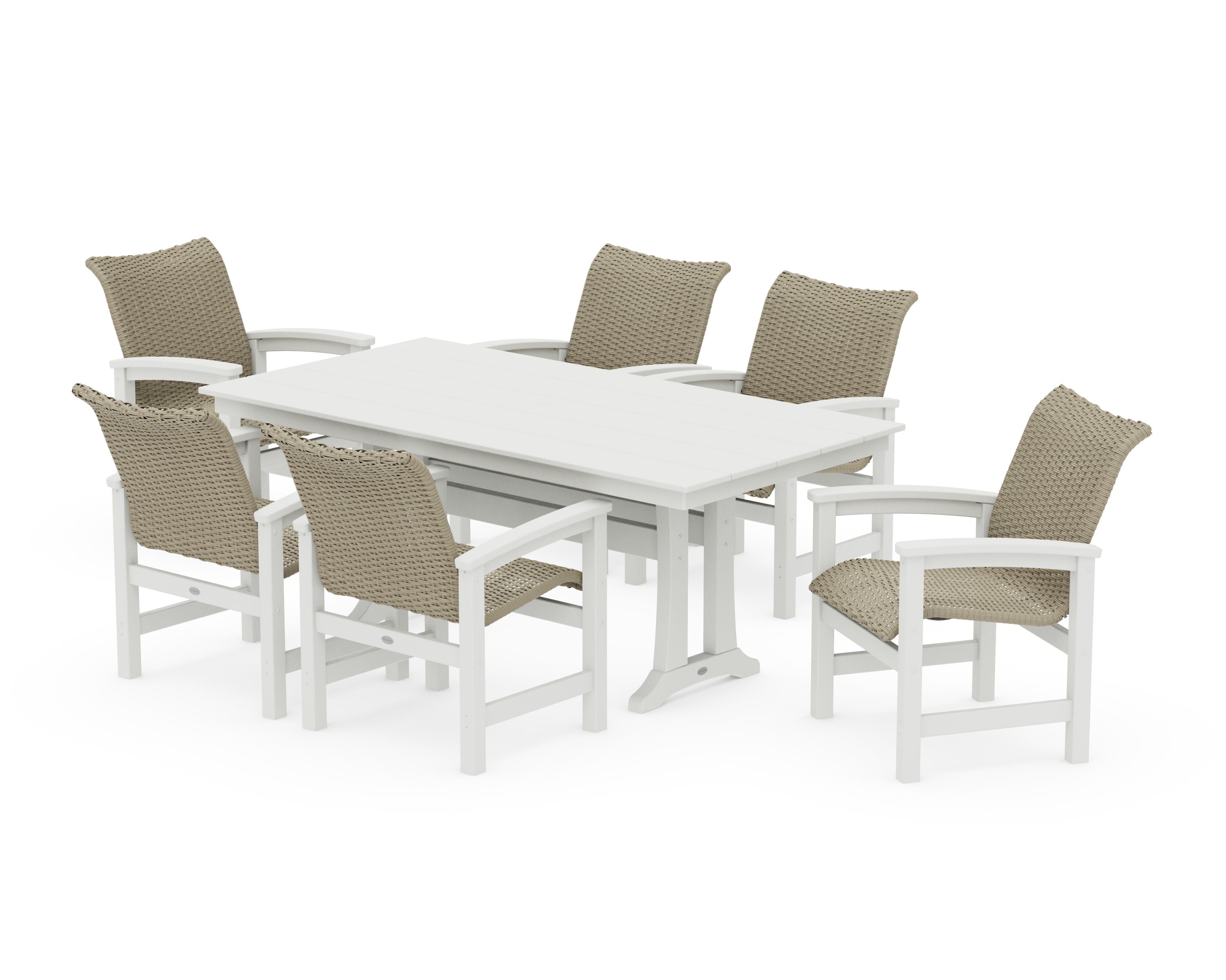 Coastal Woven Arm Chair 7-Piece Farmhouse Dining Set with Trestle Legs in Vintage White / Dune Grass