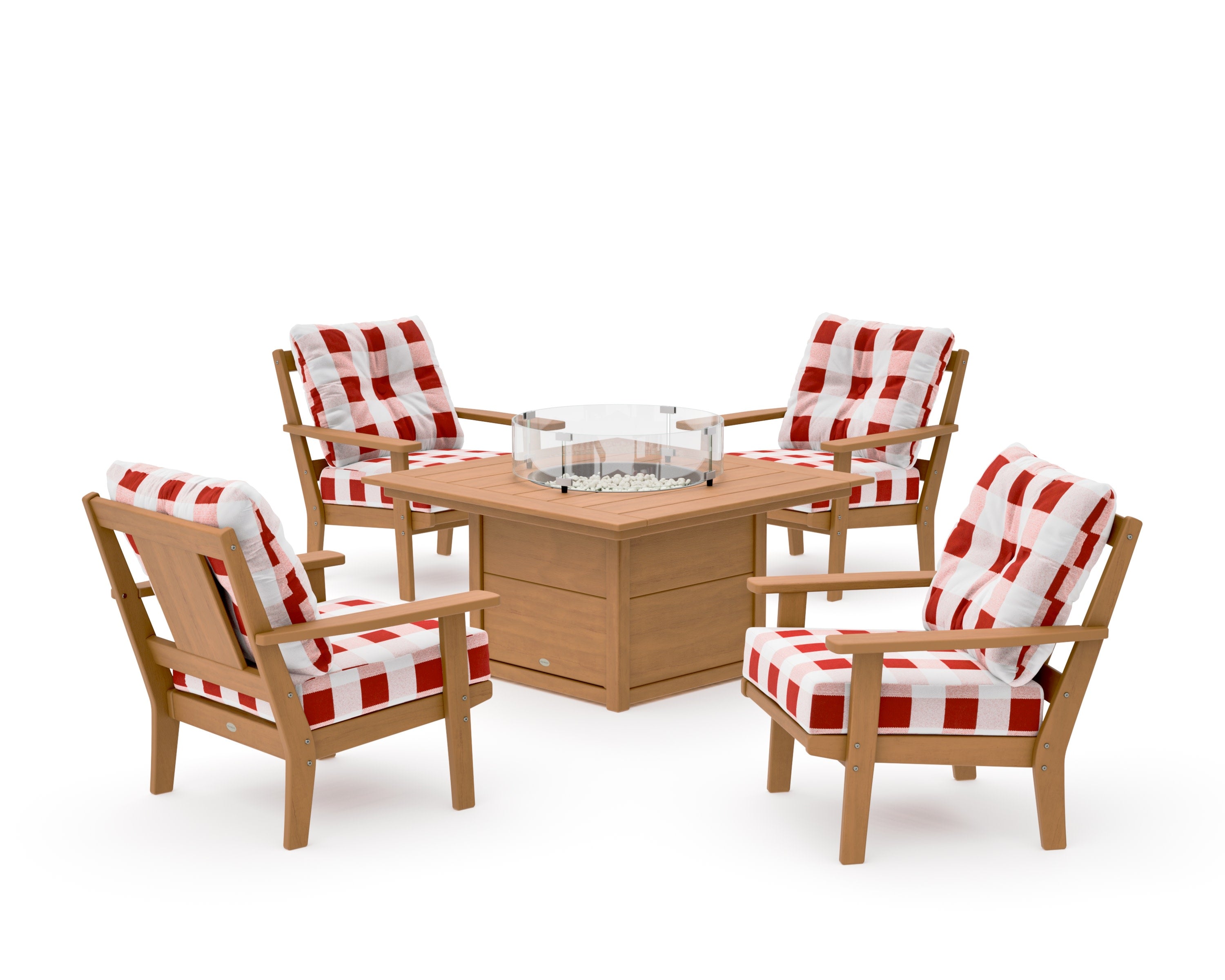 Prairie 5-Piece Deep Seating Set with Fire Pit Table in Natural / Buffalo Plaid Crimson
