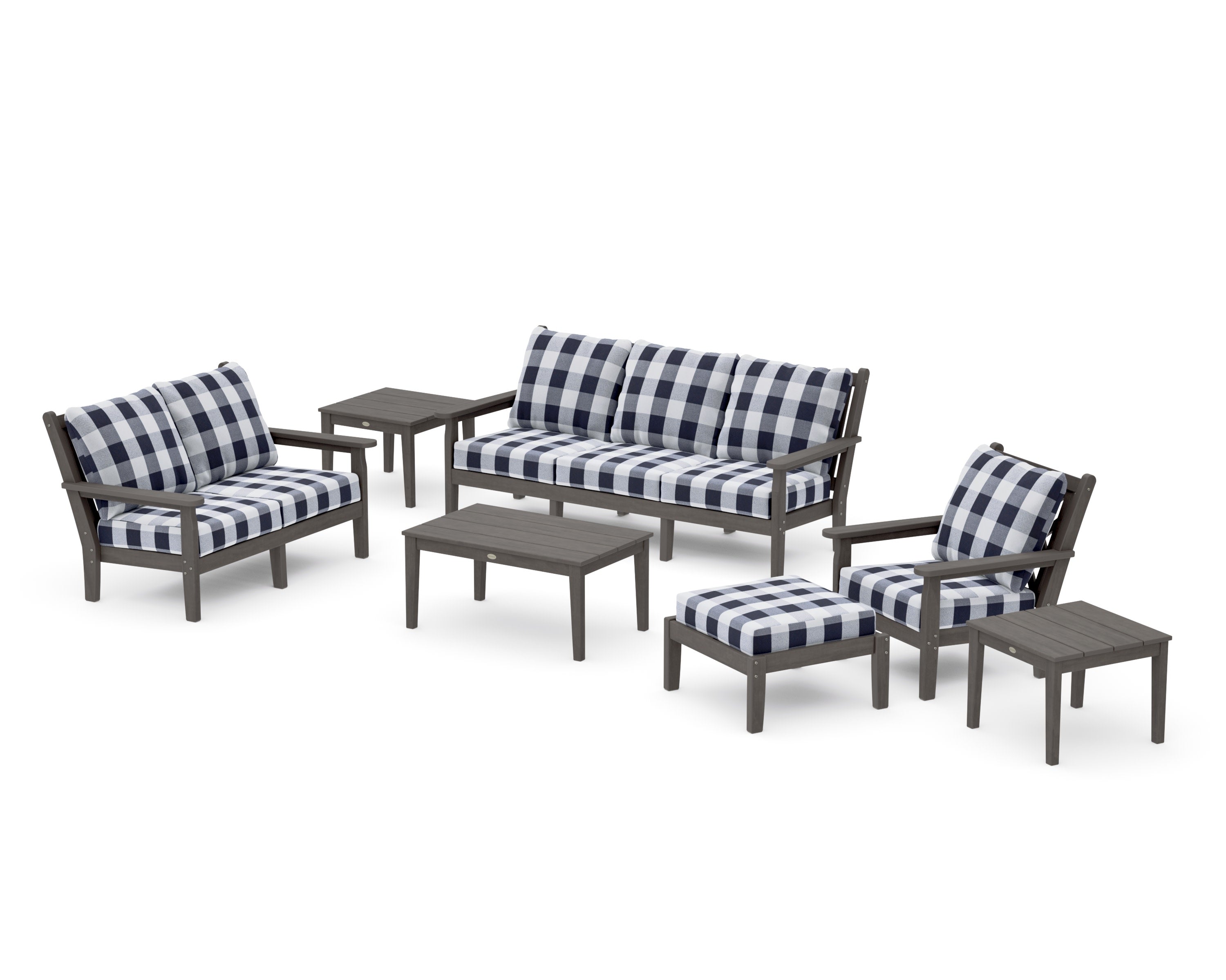 Chippendale 7-Piece Deep Seating Set in Driftwood / Buffalo Plaid Navy