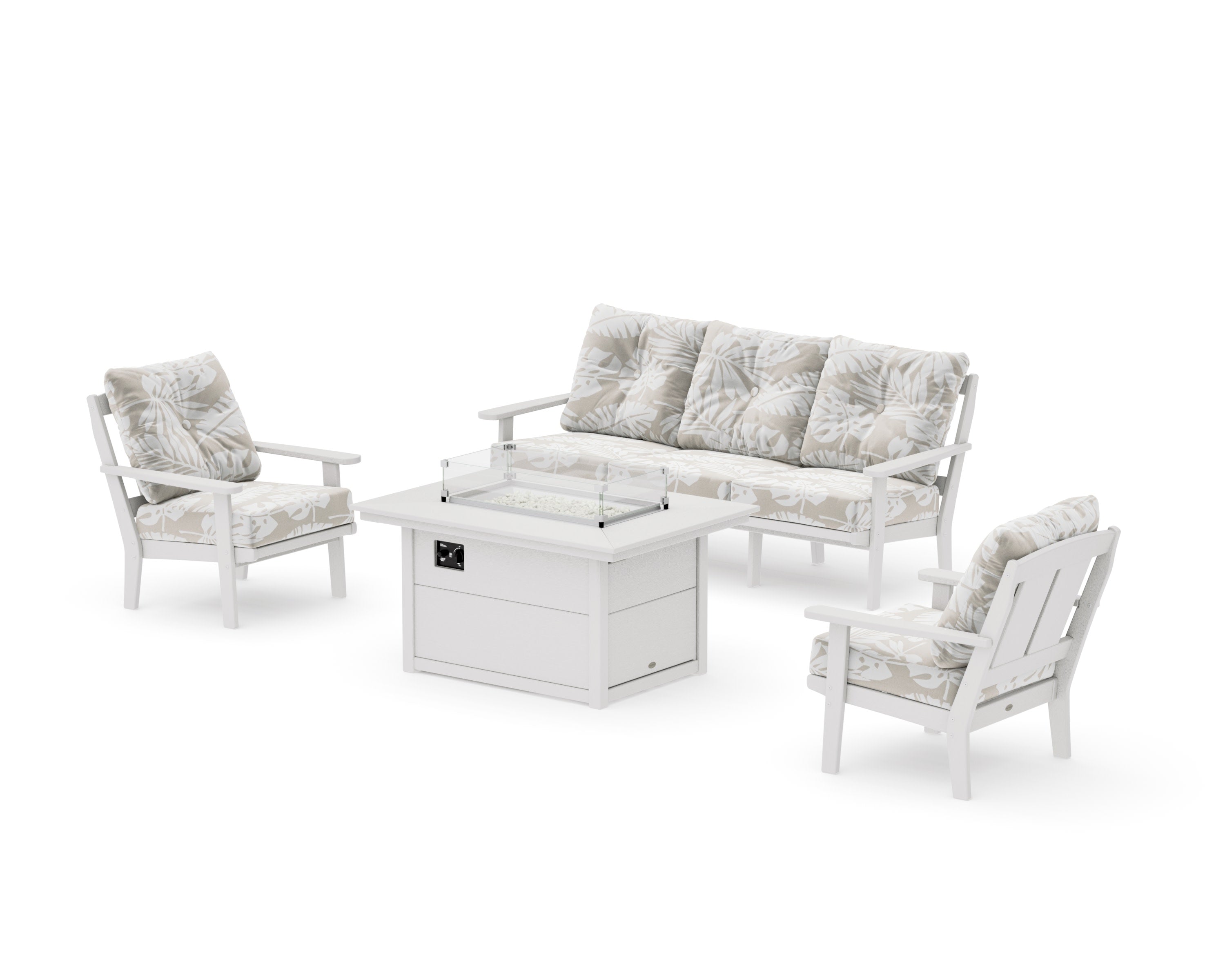 Mission Deep Seating Fire Pit Table Set in Vintage White / Leaf Dune Burlap