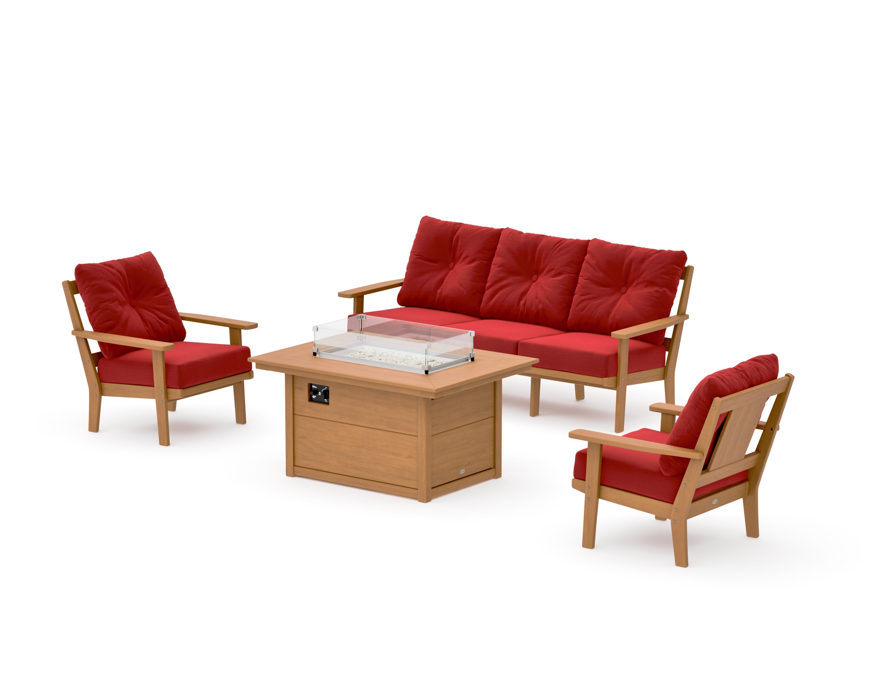 Prairie Deep Seating Fire Pit Table Set in Natural / Crimson Linen
