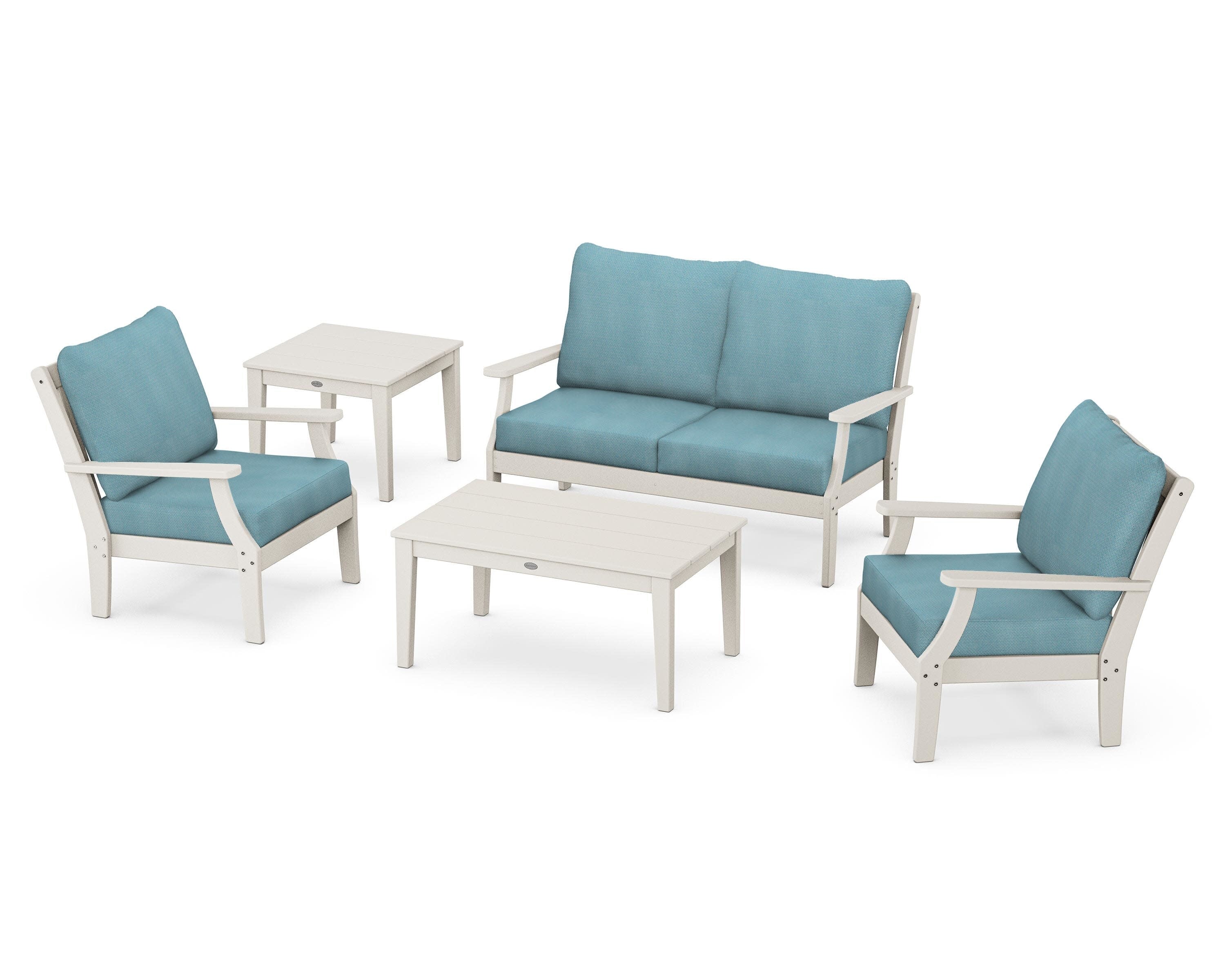 Braxton 5-Piece Deep Seating Set in Sand / Lattice Sky Blue