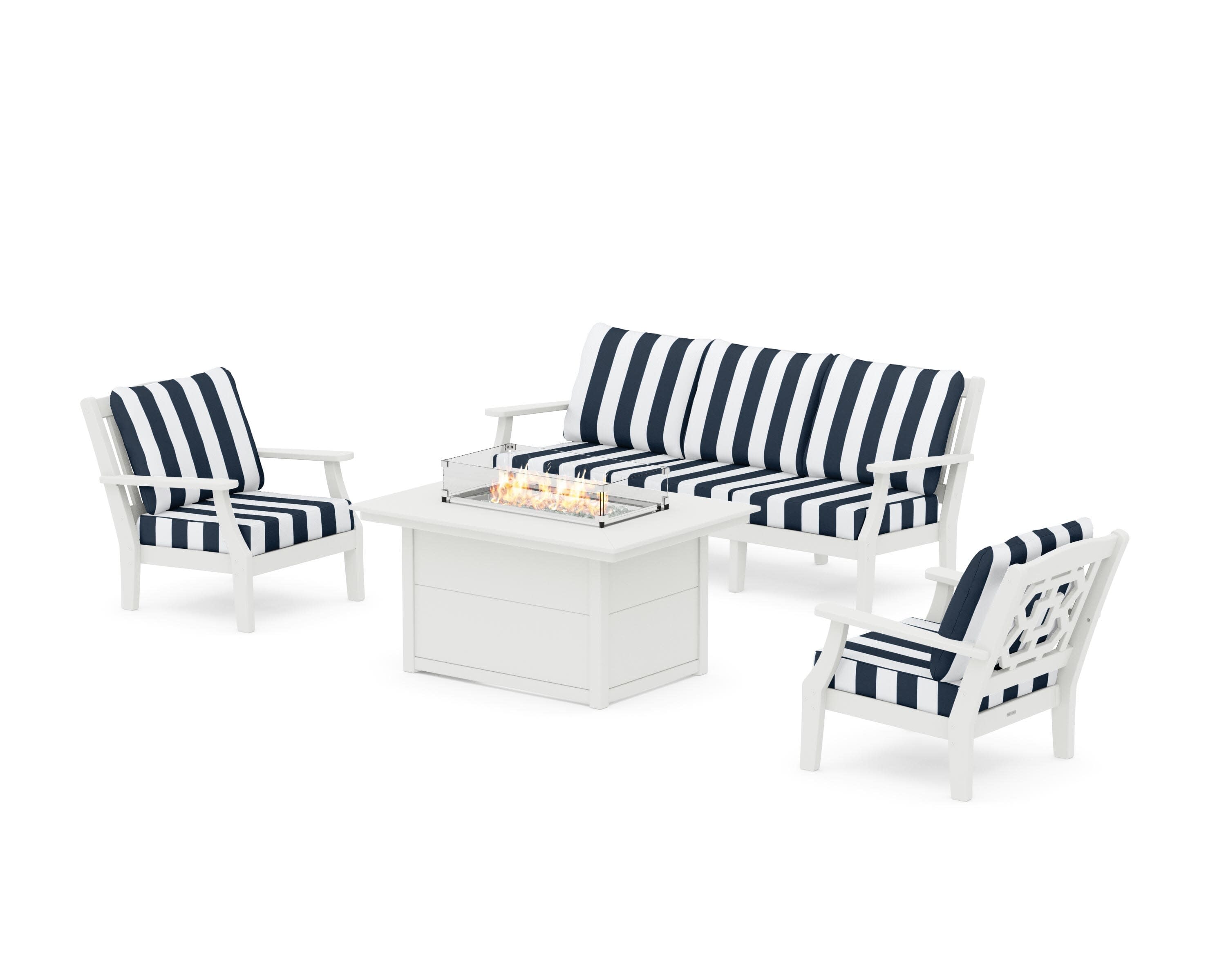 Chinoiserie Deep Seating Fire Pit Table Set in Vintage White / Cabana Stripe Marine Indigo