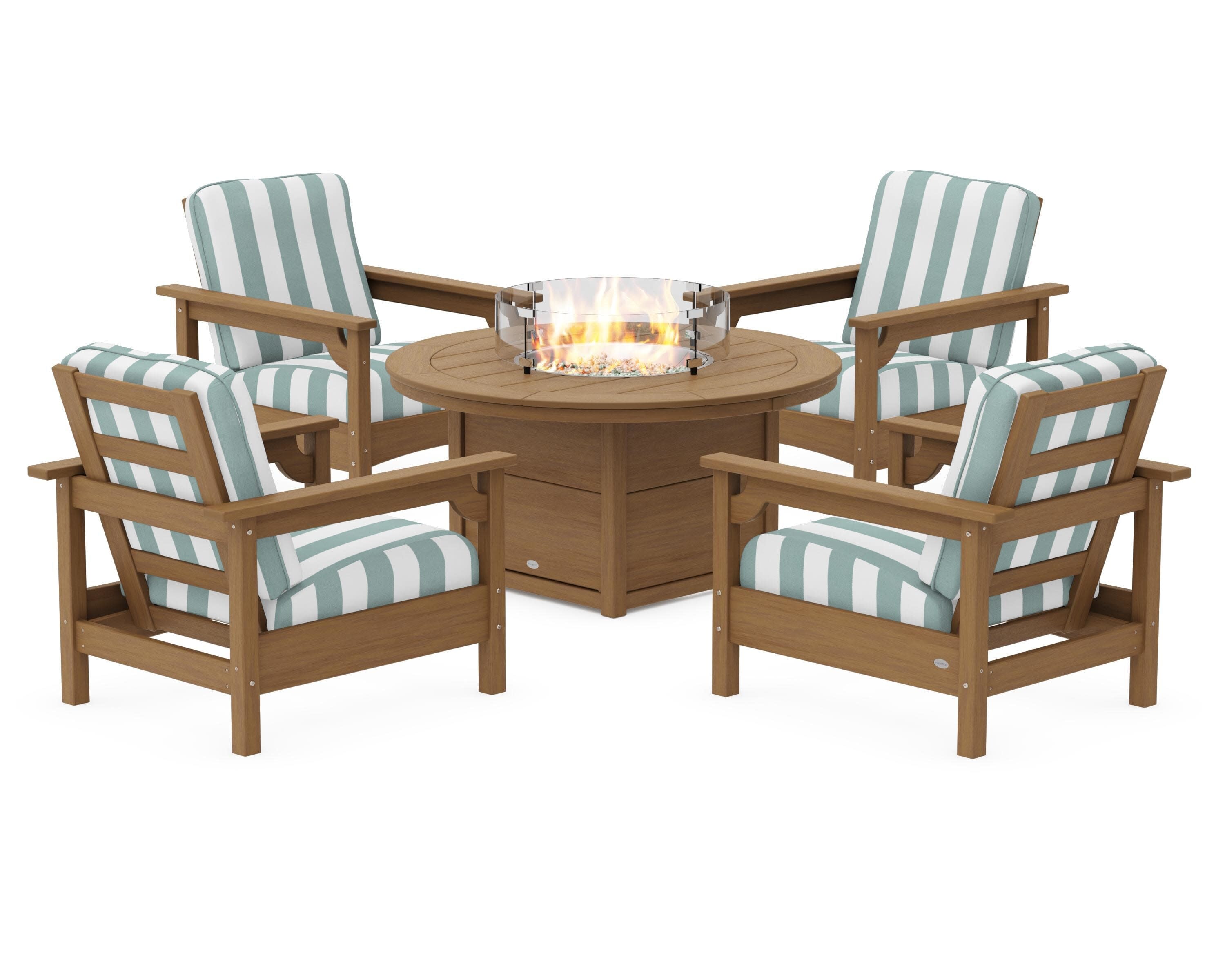 Club 5-Piece Conversation Set with Fire Pit Table in Natural / Cabana Stripe Glacier Spa