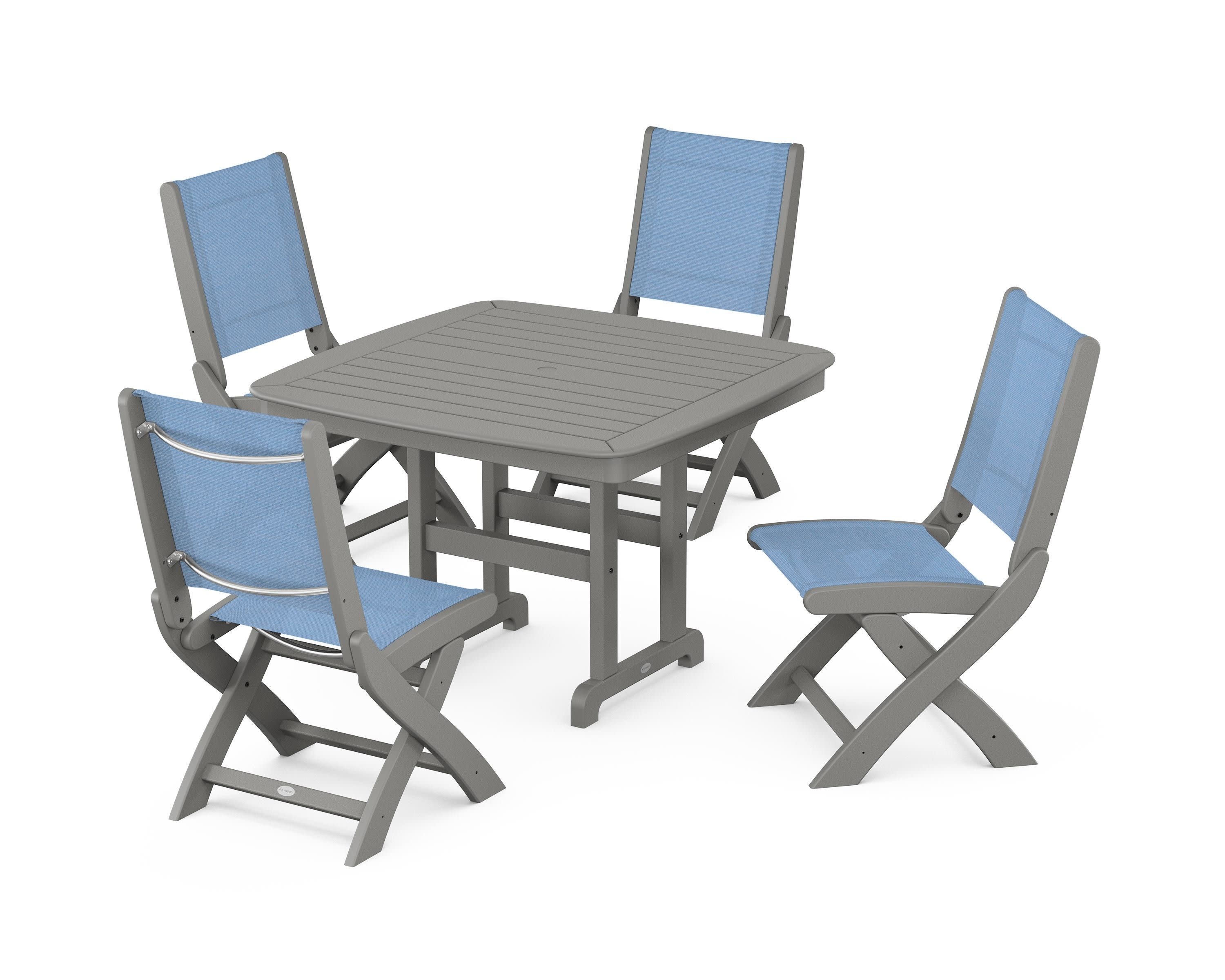 Coastal Folding Side Chair 5-Piece Dining Set in Slate Grey / Poolside Sling