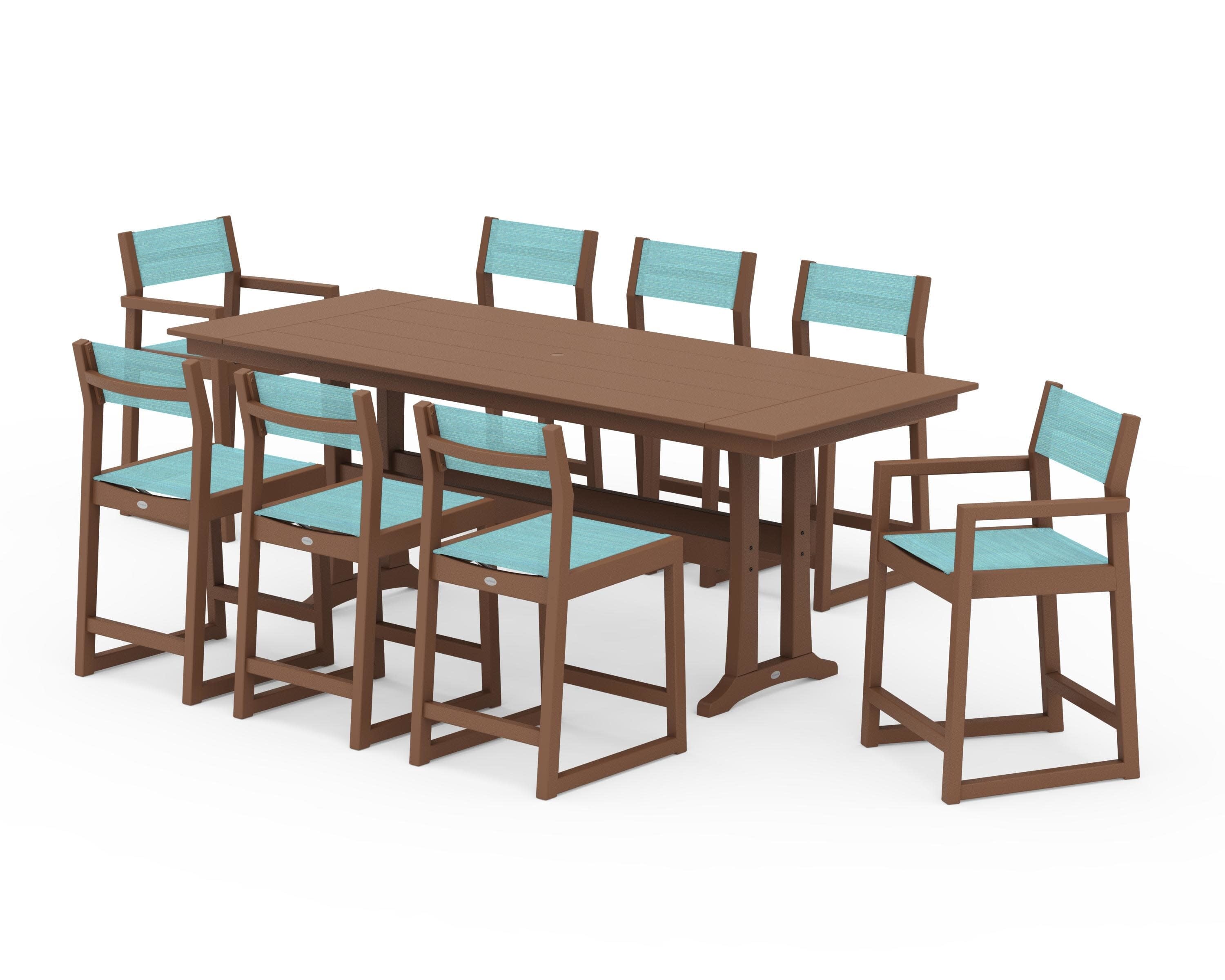 EDGE Sling 9-Piece Farmhouse Counter Set with Trestle Legs in Teak / Dupioni Aquamarine Sling