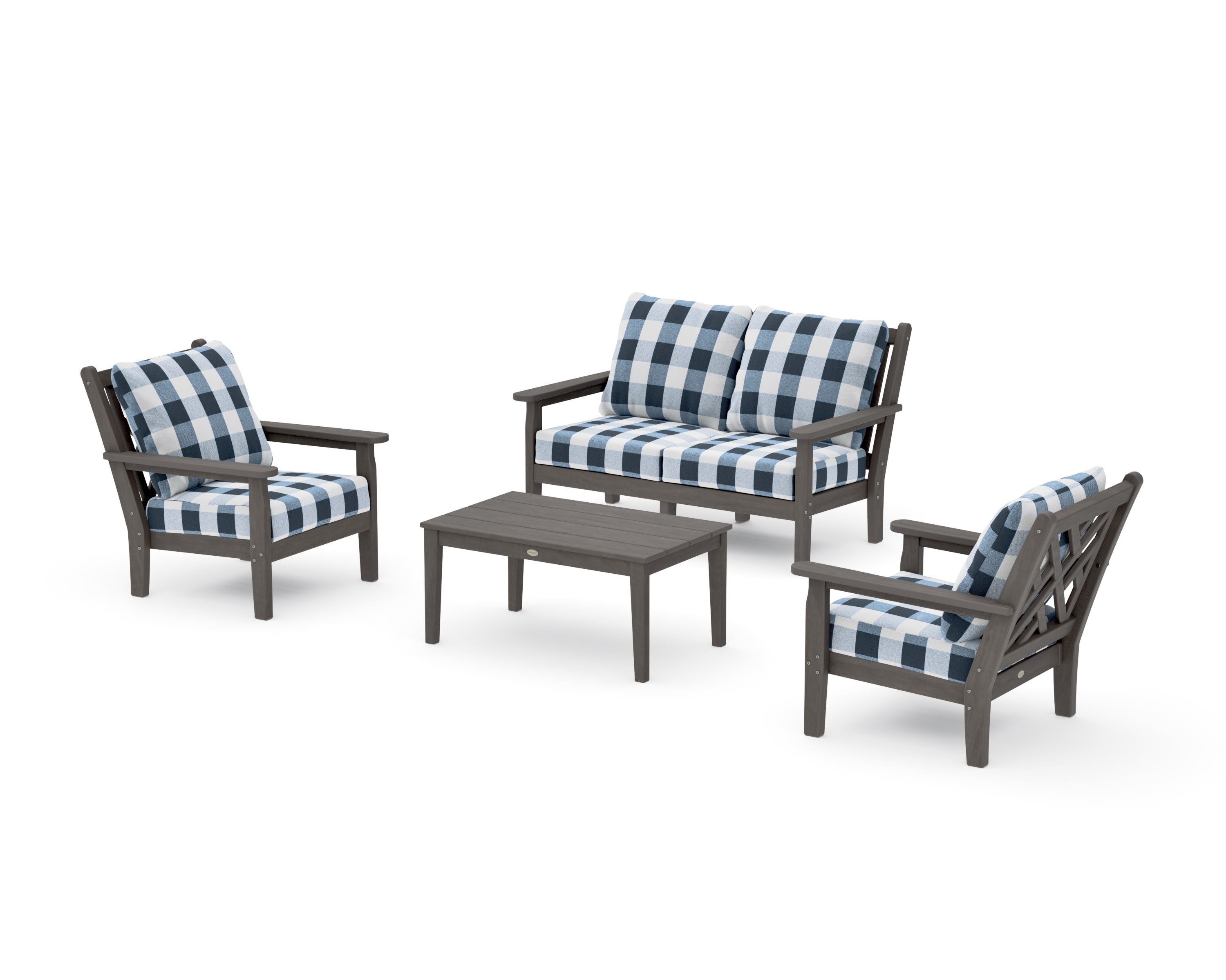 Chippendale 4-Piece Deep Seating Set with Loveseat in Driftwood / Buffalo Plaid Marine Indigo
