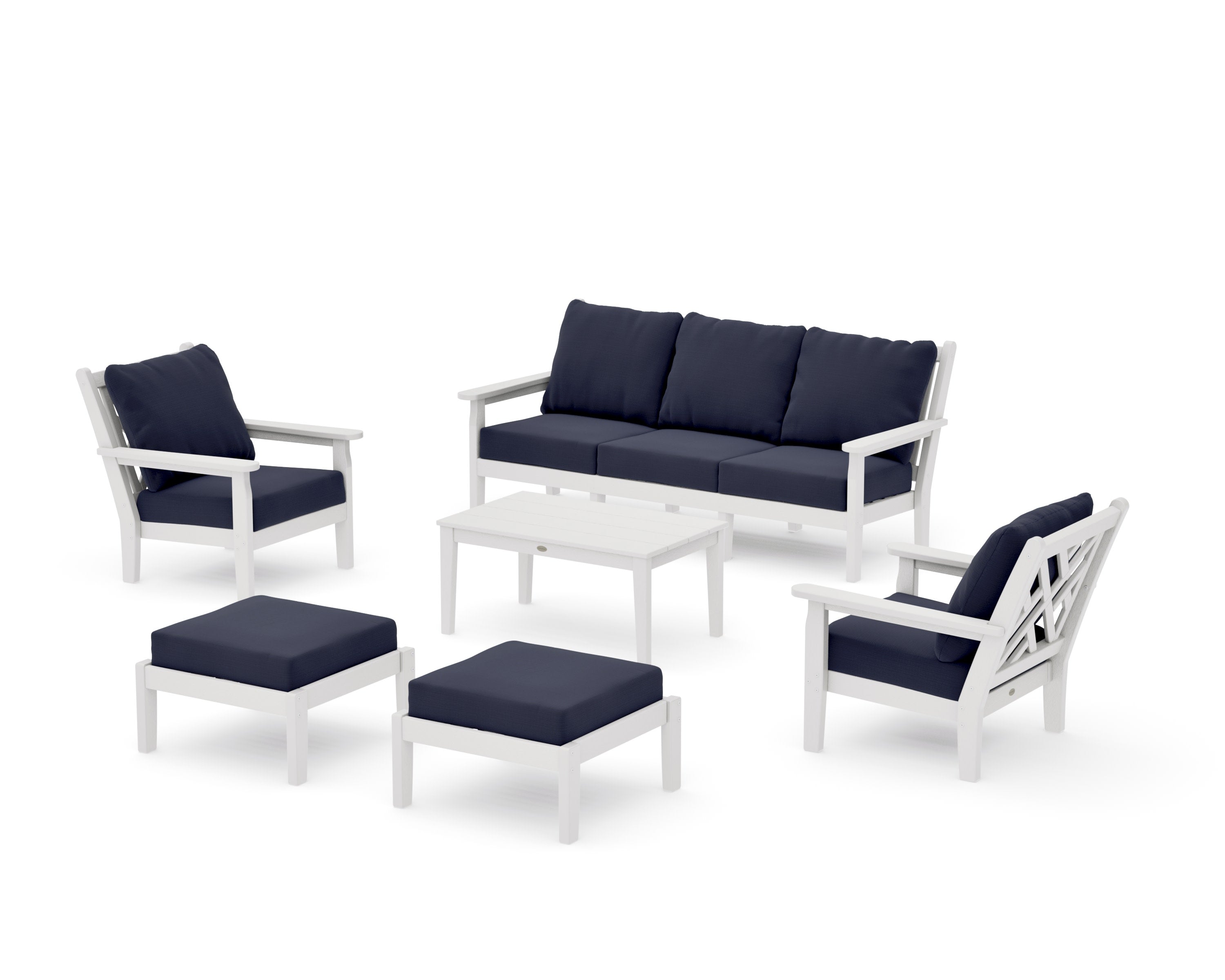 Chippendale 6-Piece Lounge Sofa Set in Vintage White / Navy Linen