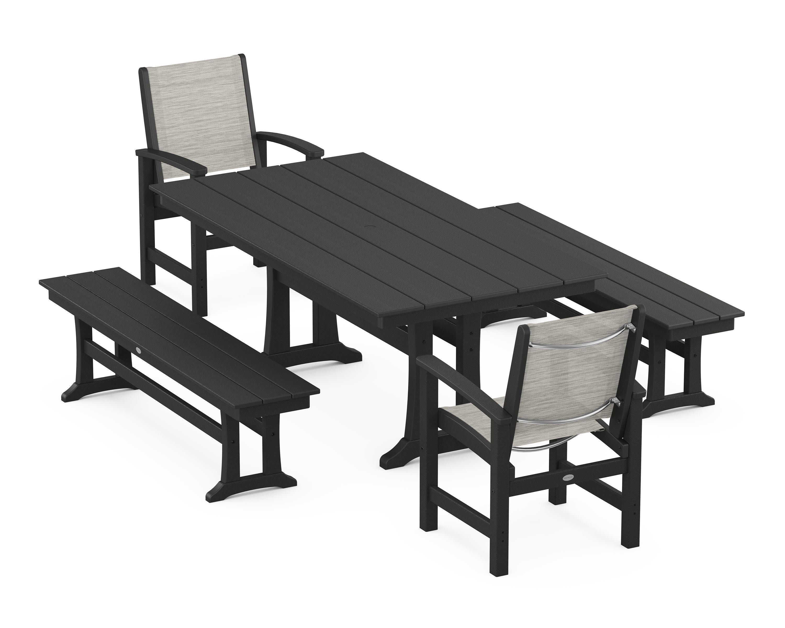 Coastal 5-Piece Farmhouse Dining Set with Trestle Legs and Benches in Black / Birch Sling
