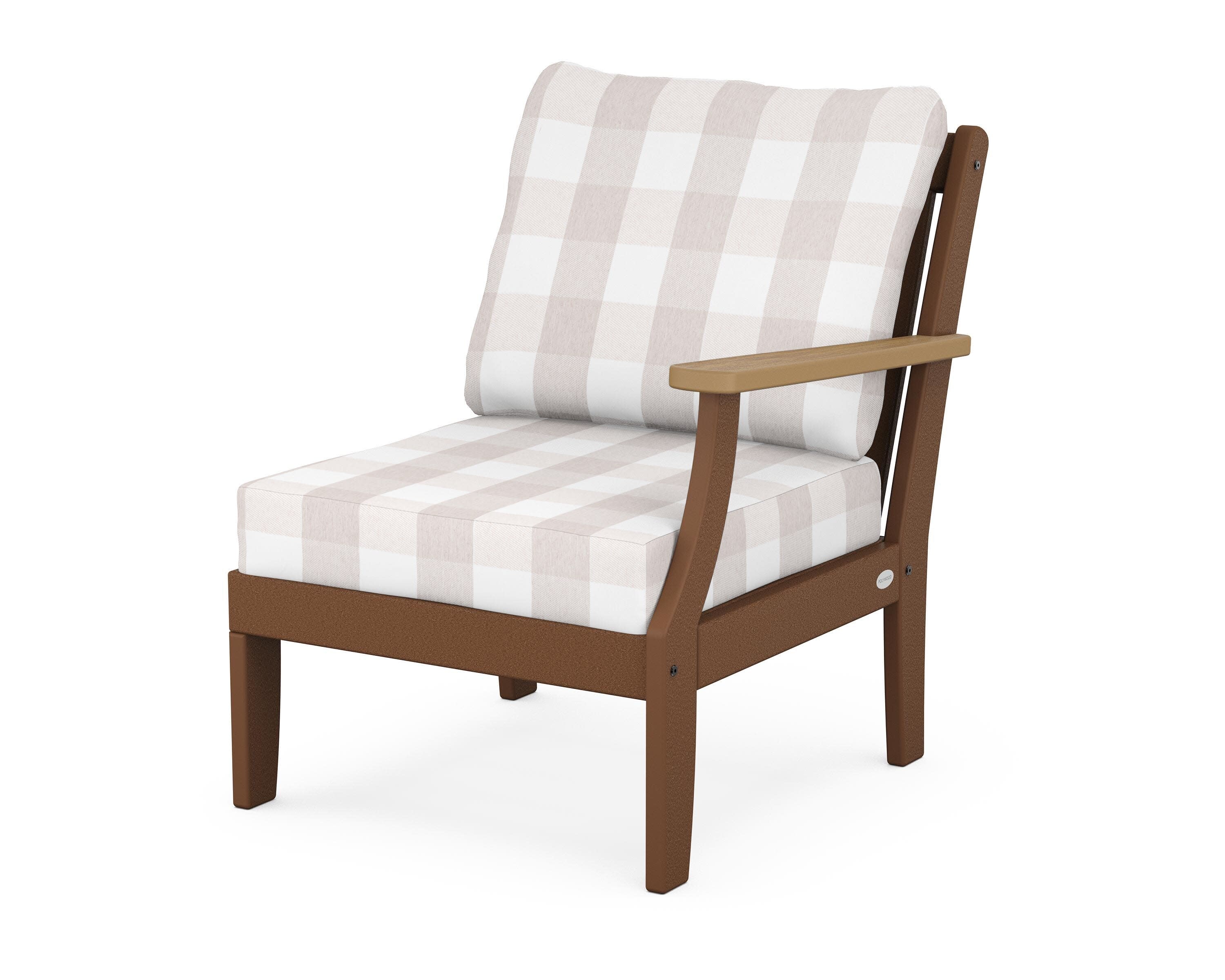 Braxton Modular Right Arm Chair in Teak / Natural / Buffalo Plaid Dune Burlap