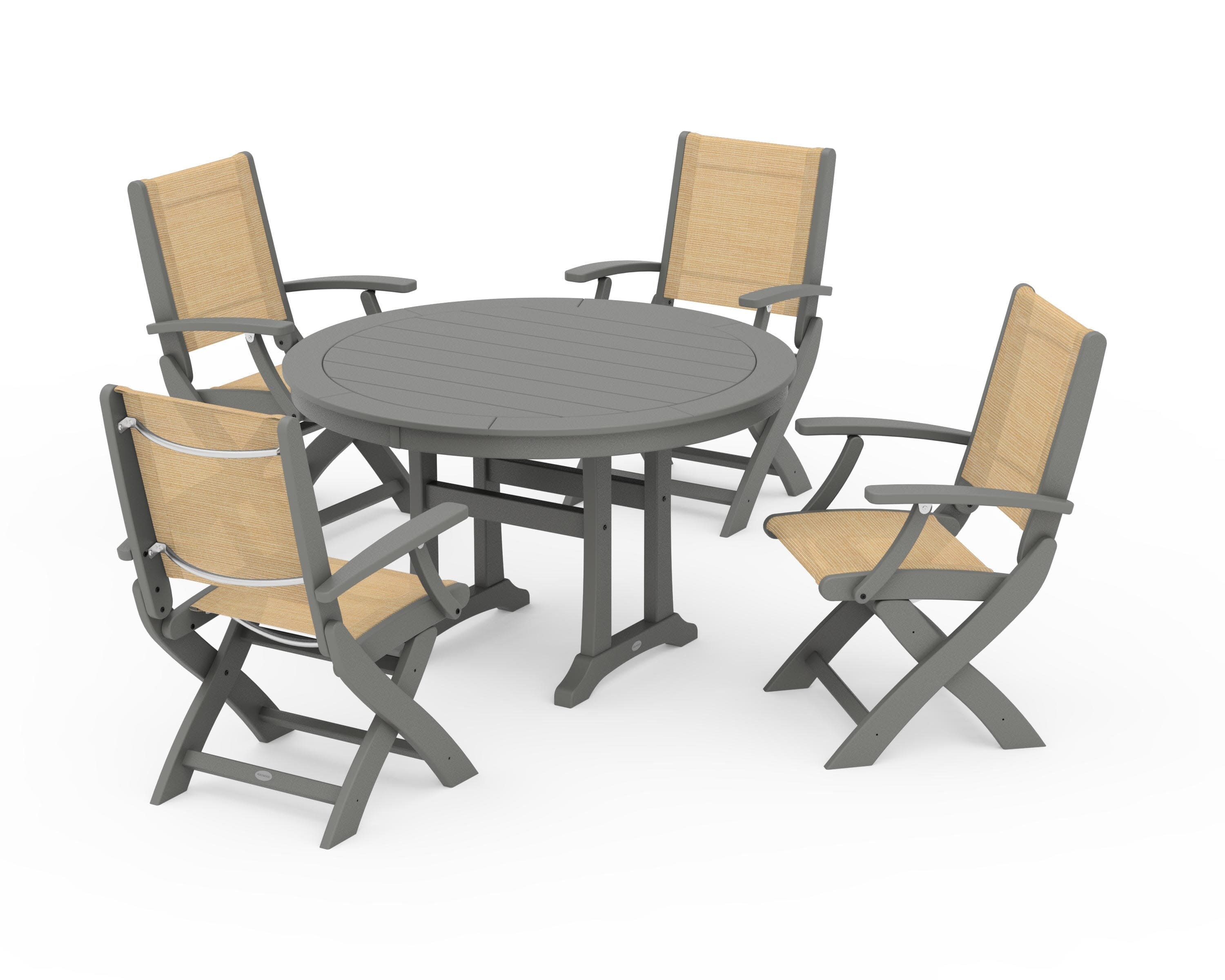 Coastal Folding Chair 5-Piece Round Dining Set with Trestle Legs in Slate Grey / Dupioni Apricot Sling