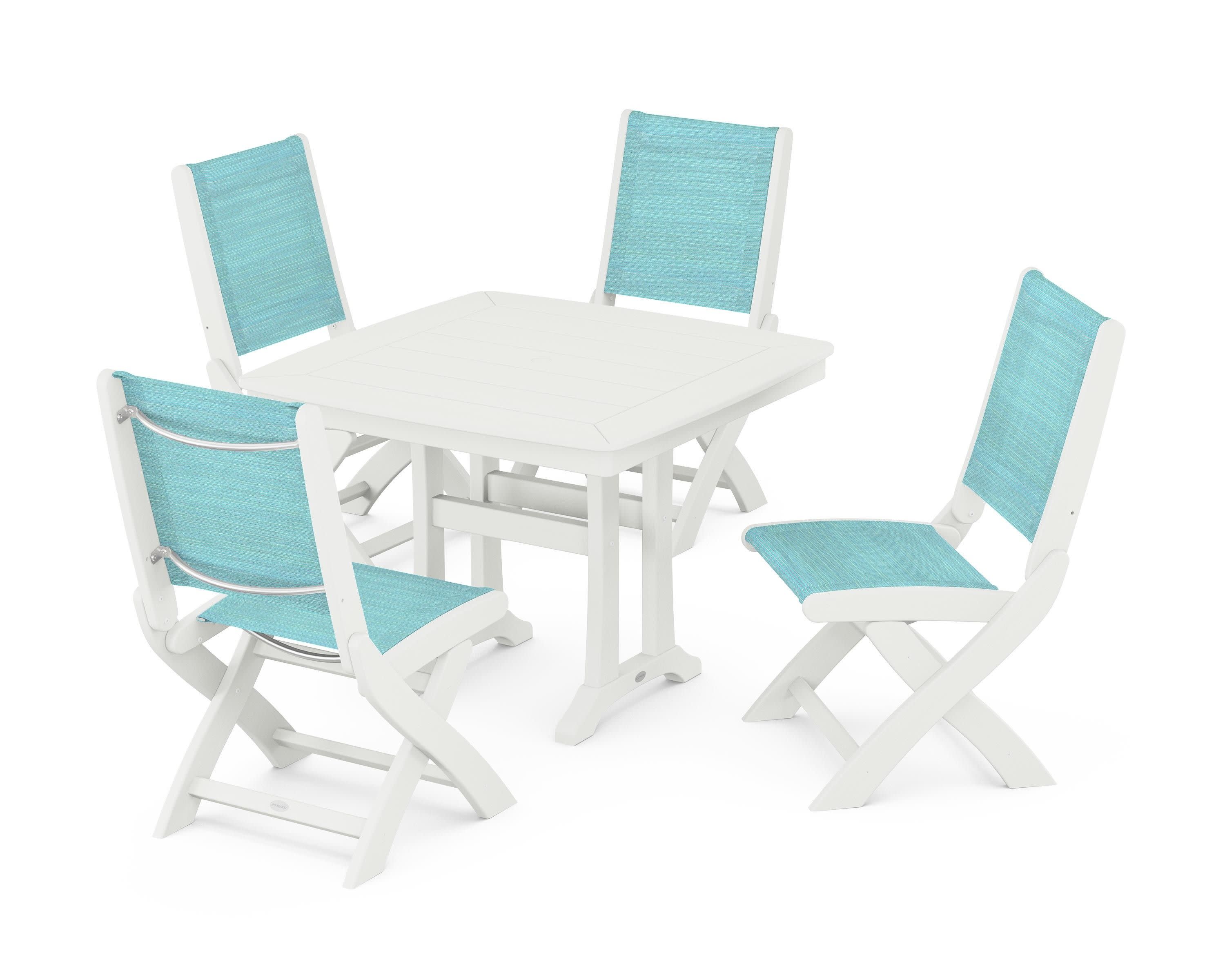 Coastal Folding Side Chair 5-Piece Dining Set with Trestle Legs in Vintage White / Dupioni Aquamarine Sling