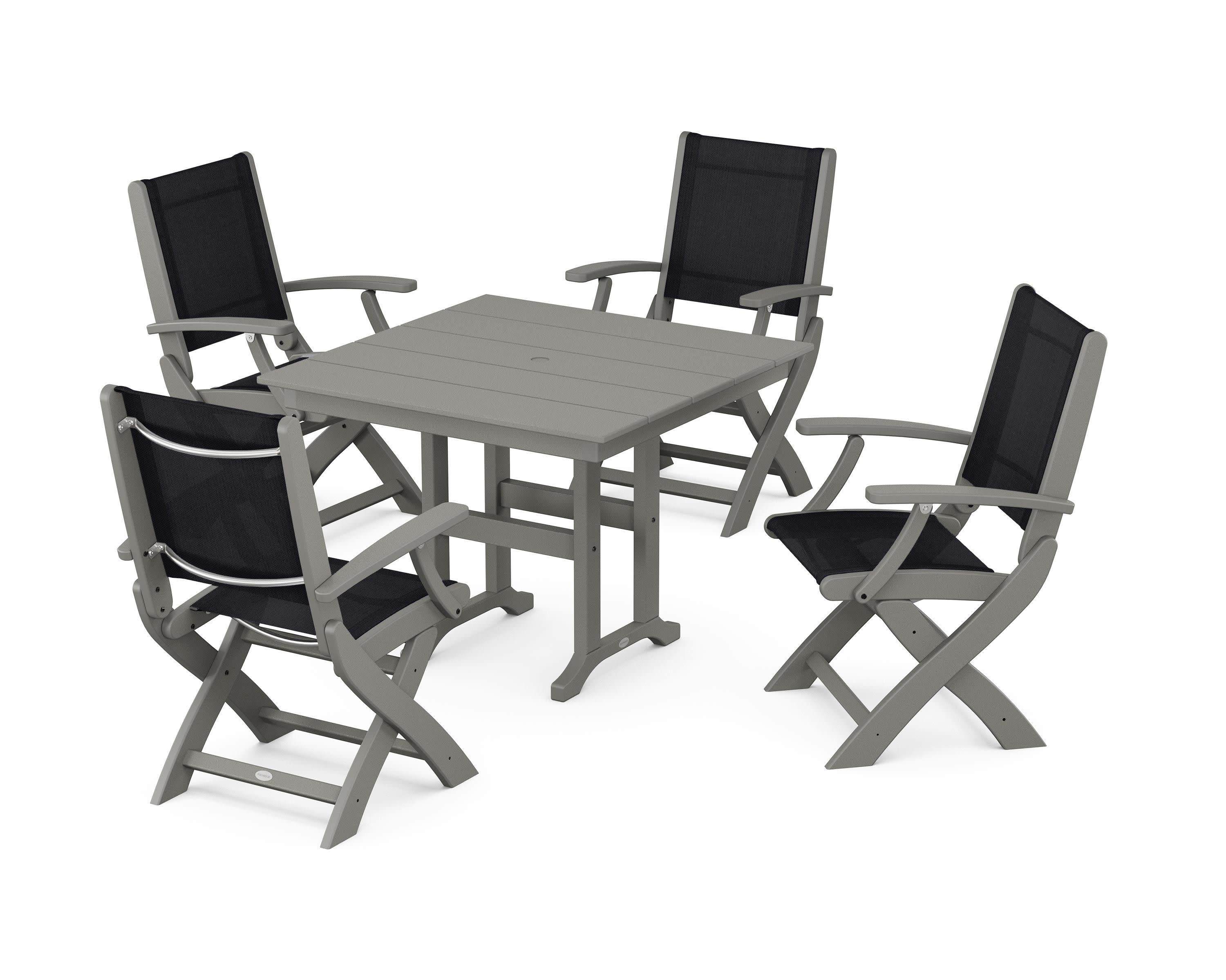 Coastal Folding Chair 5-Piece Farmhouse Dining Set in Slate Grey / Black Sling
