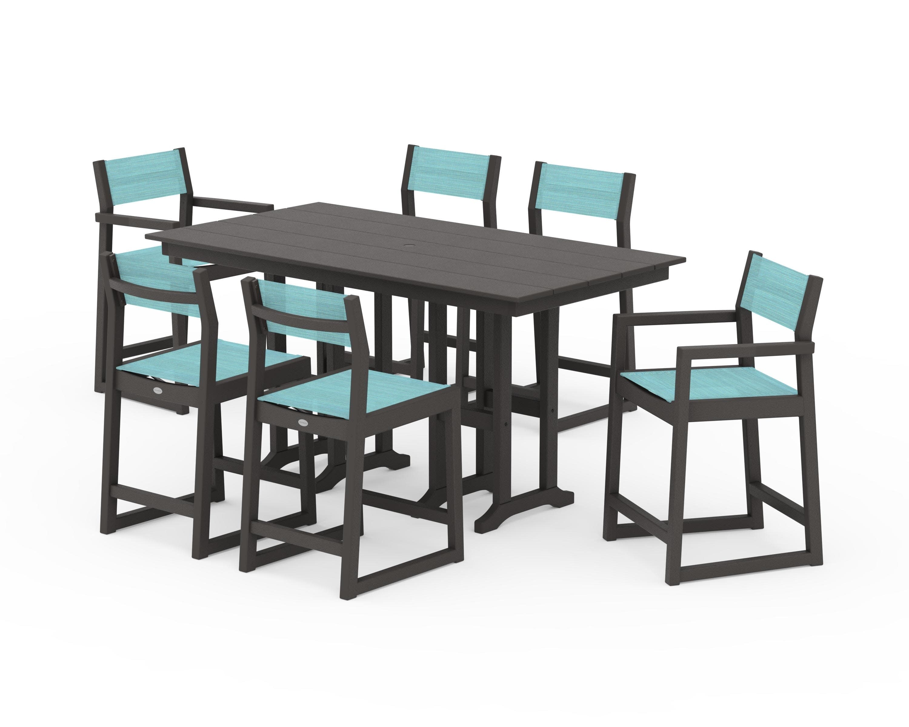 EDGE Sling 7-Piece Farmhouse Counter Set with Trestle Legs in Vintage Coffee / Dupioni Aquamarine Sling