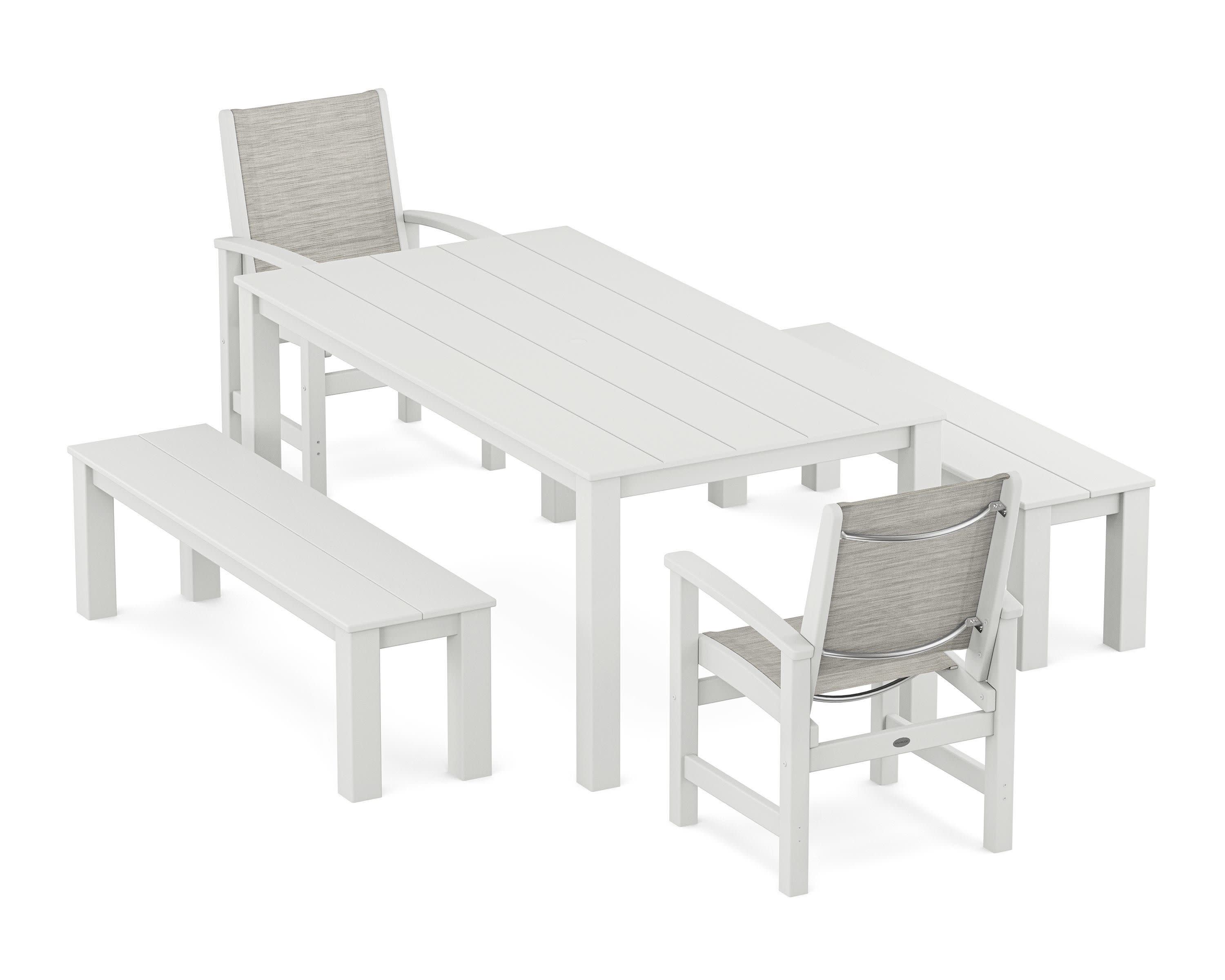 Coastal 5-Piece Parsons Dining Set with Benches in White / Birch Sling