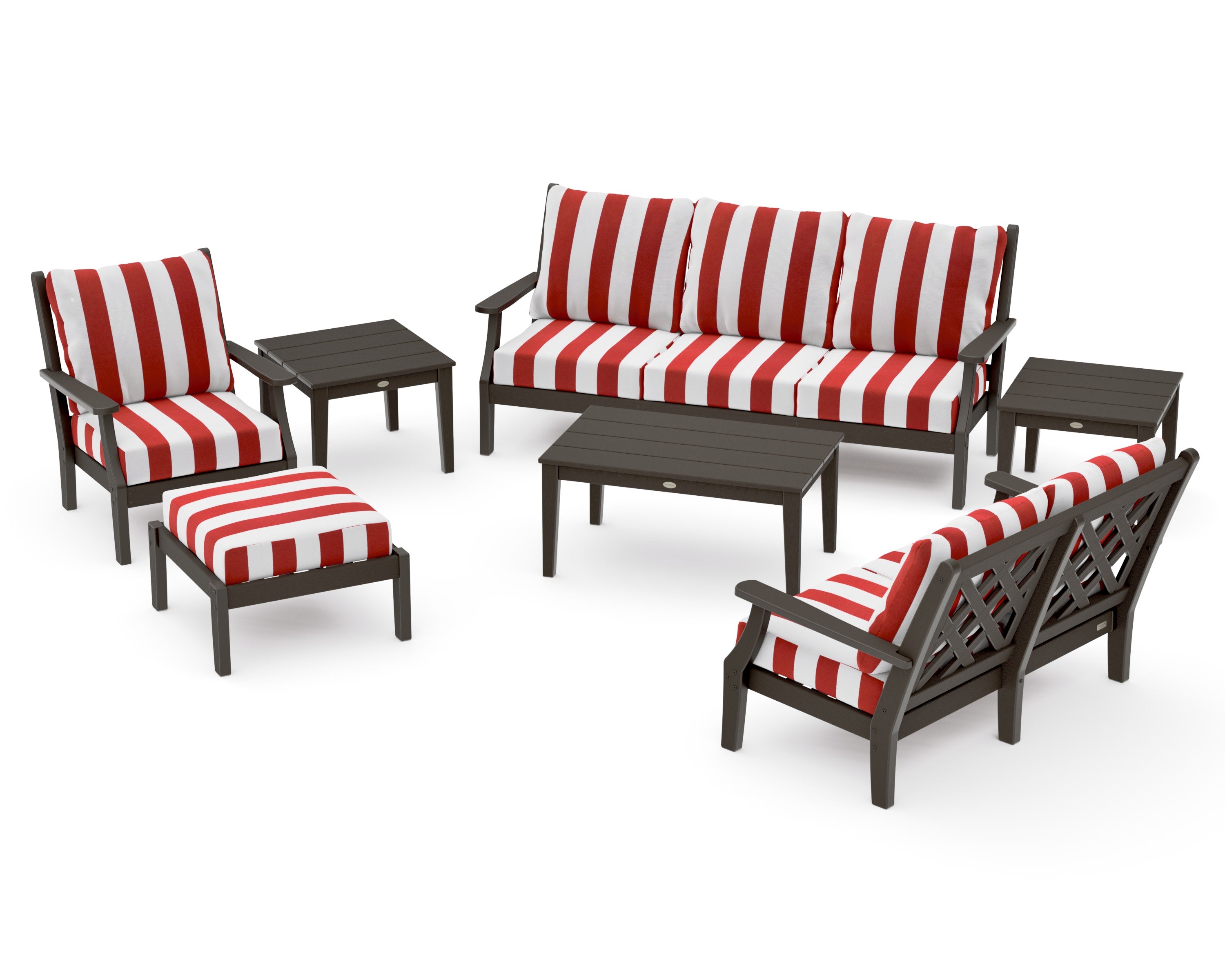 Wovendale 7-Piece Deep Seating Set in Vintage Coffee / Cabana Stripe Crimson
