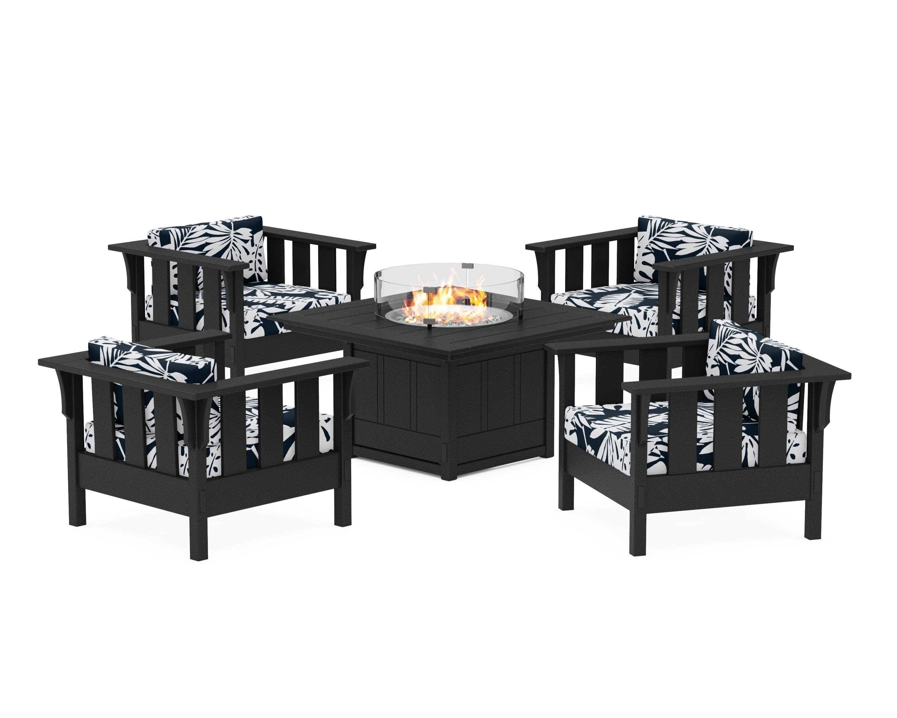 Acadia 5-Piece Deep Seating Set with Fire Pit Table in Black / Leaf Marine Indigo