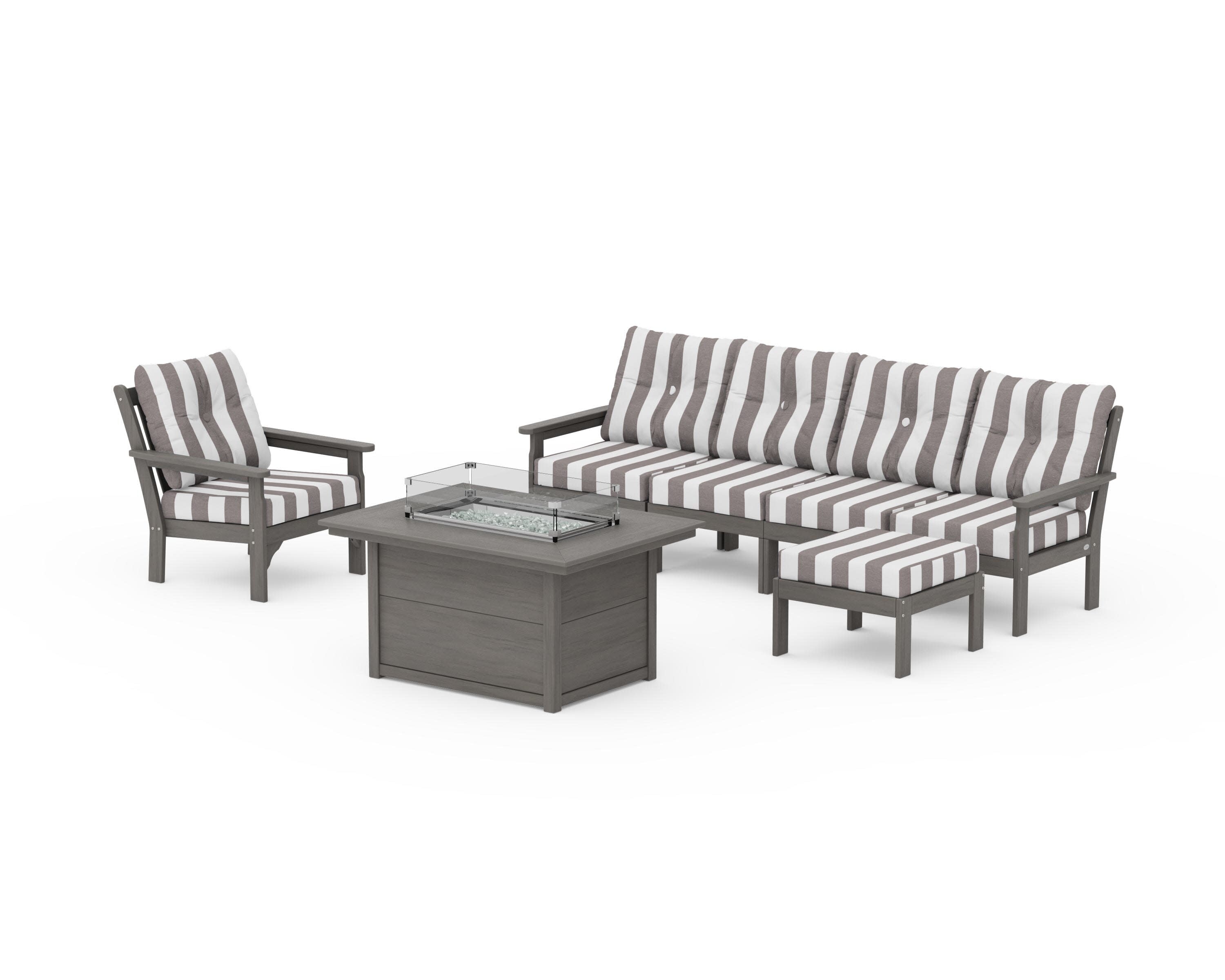 Vineyard Sectional Lounge and Fire Pit Set in Driftwood / Cabana Stripe Grey Mist