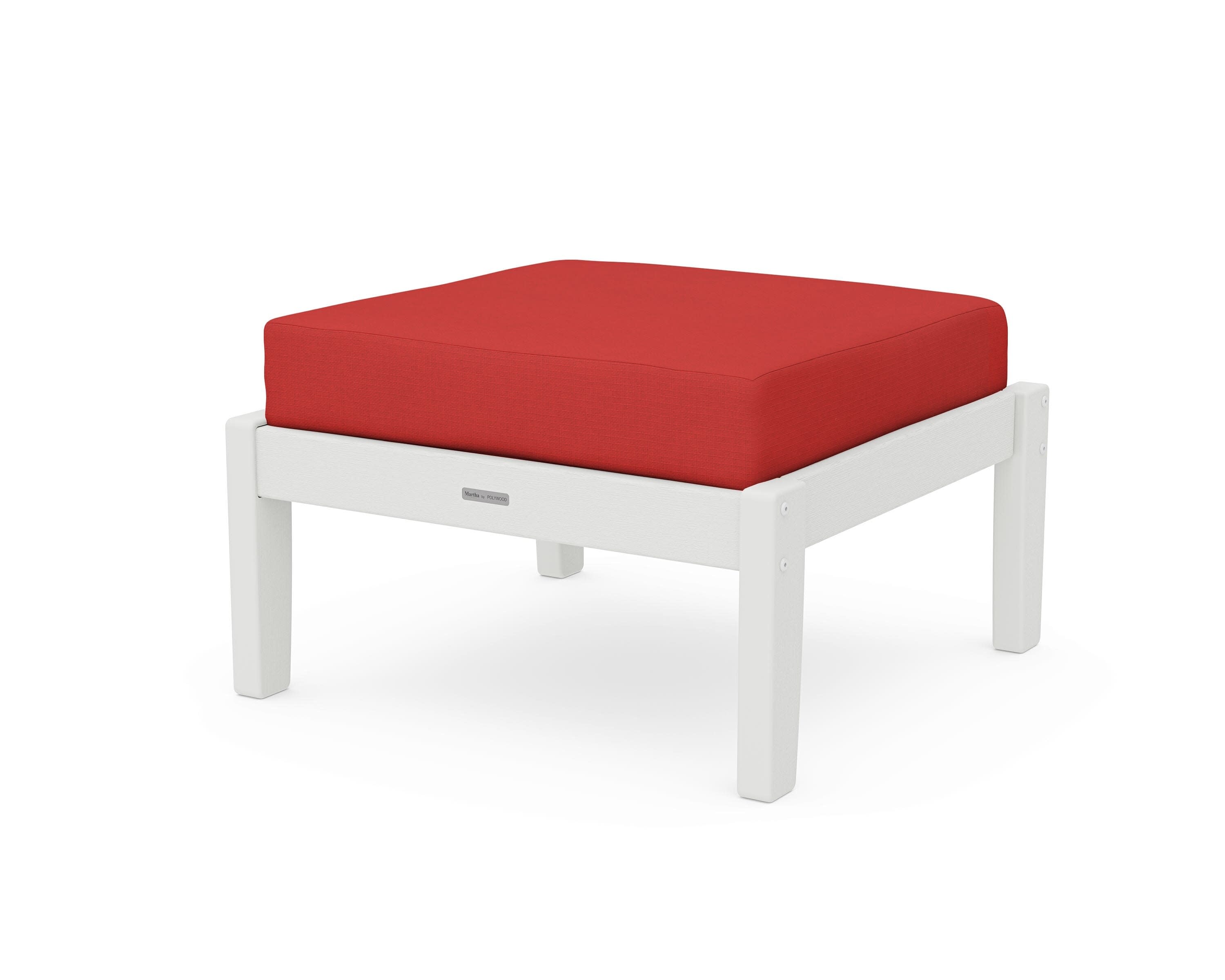 Chinoiserie Deep Seating Ottoman in Vintage White / Crimson Linen