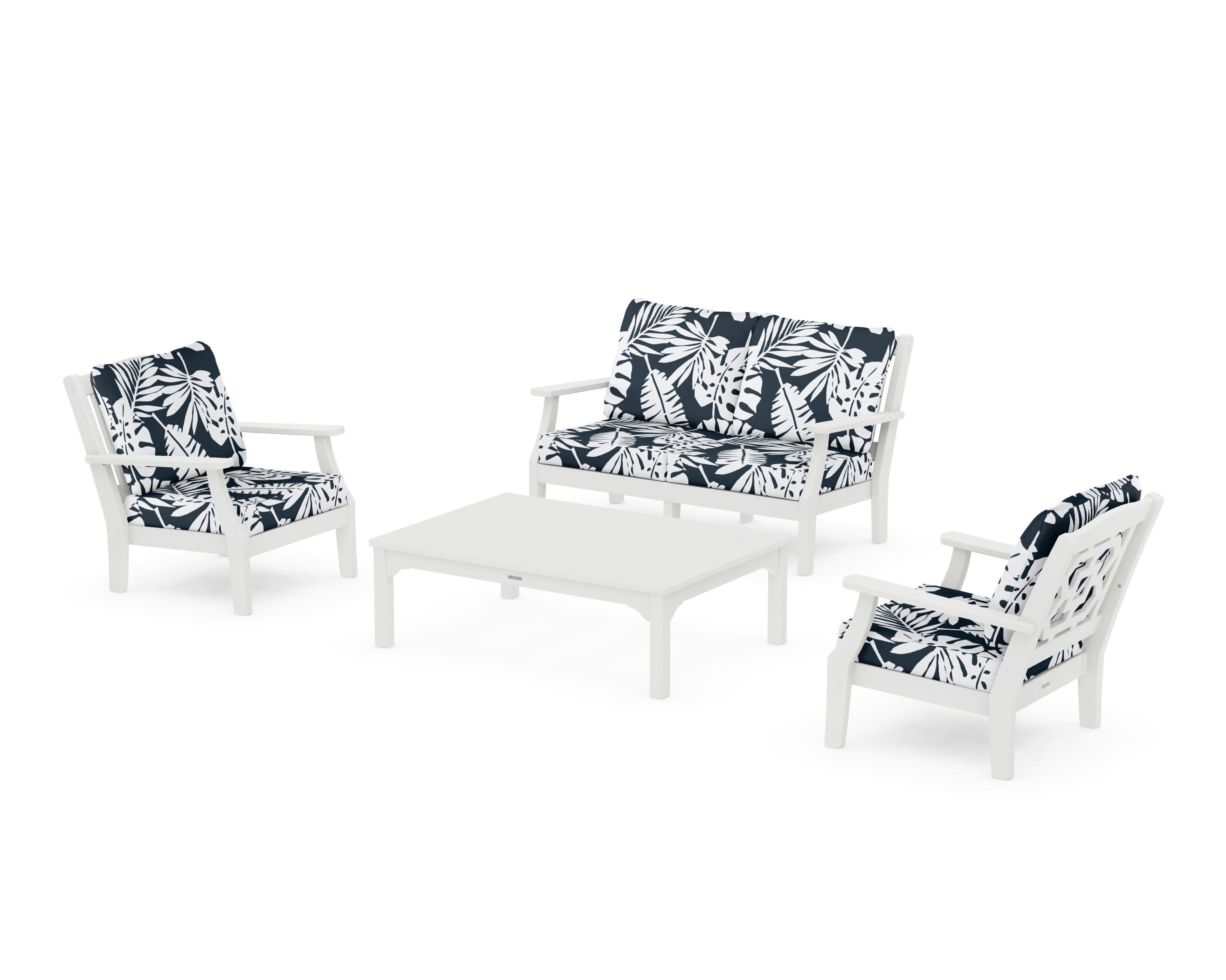 Chinoiserie 4-Piece Deep Seating Set with Loveseat in Vintage White / Leaf Marine Indigo