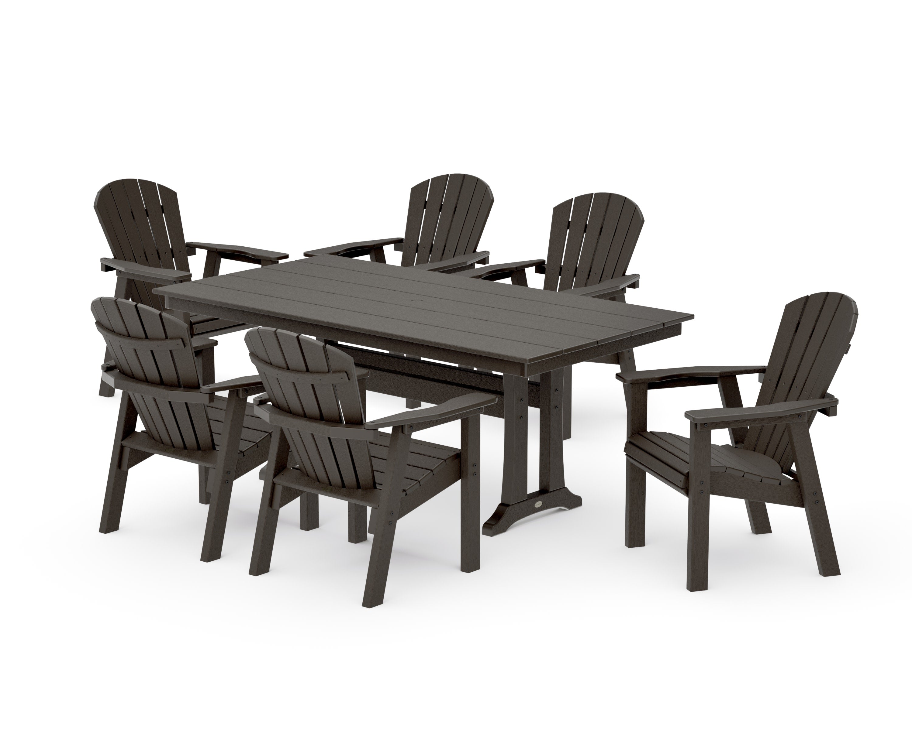 Seashell 7-Piece Farmhouse Dining Set with Trestle Legs in Vintage Coffee