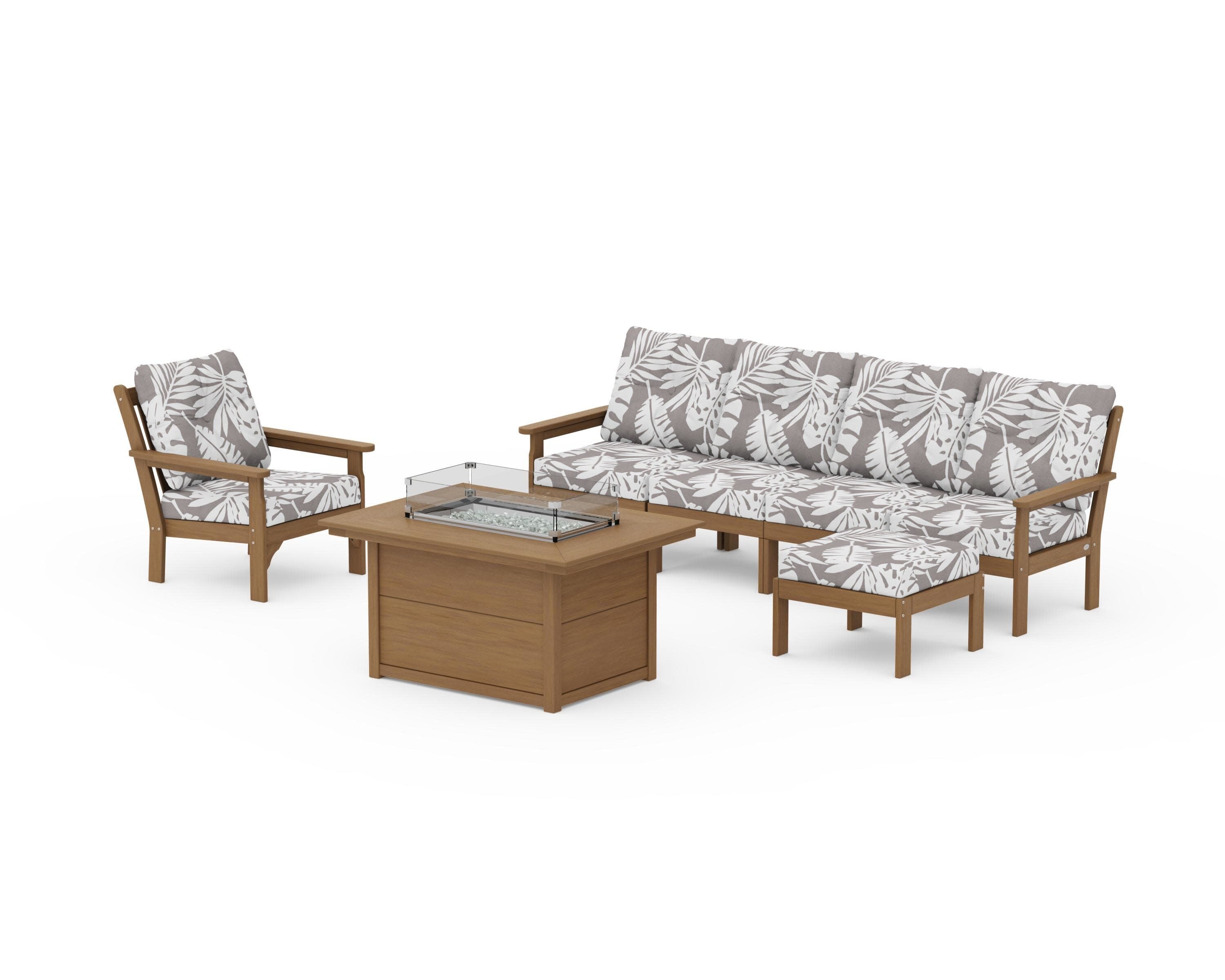 Vineyard Sectional Lounge and Fire Pit Set in Natural / Leaf Grey Mist